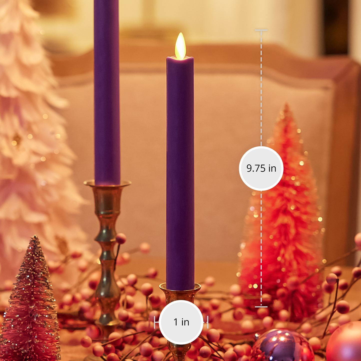 Purple Flameless Candle Tapers - Melted Top - 9.75" Height - Set of 2