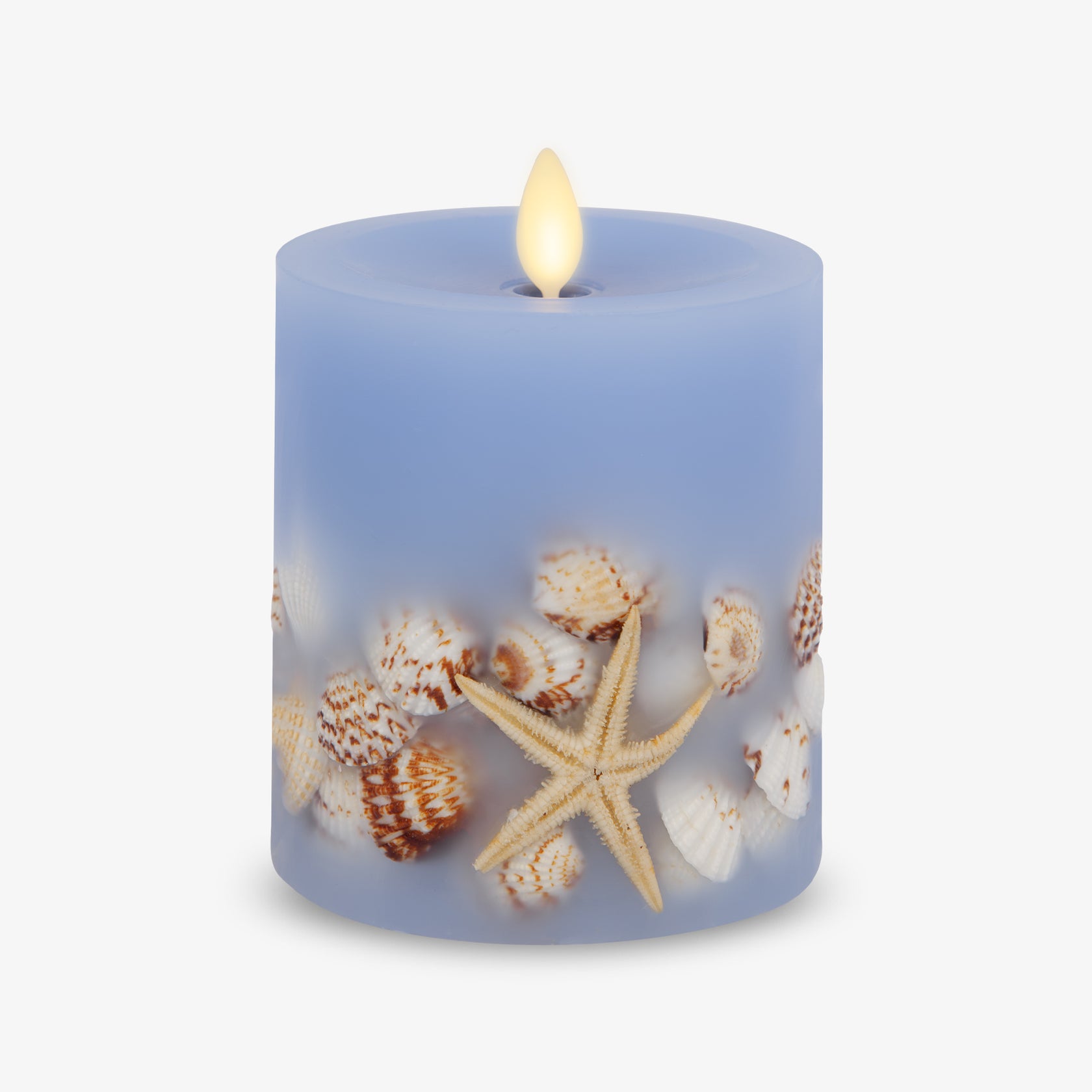 Cornflower Embedded Seashell & Starfish Flameless Candle Pillar – Luminara