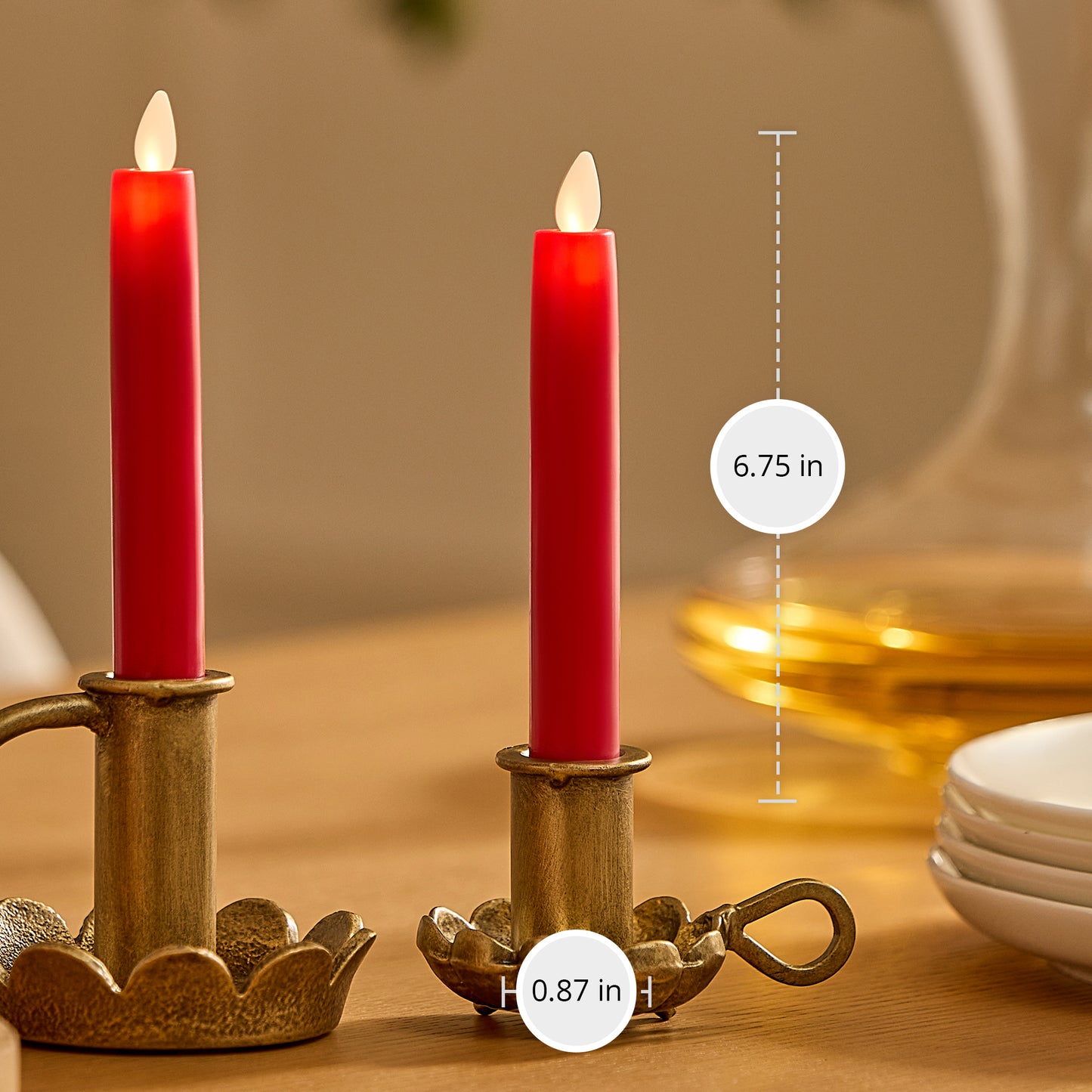 True Red Flameless Candle Tapers - Flat Top - 6.75" Height - Set of 2
