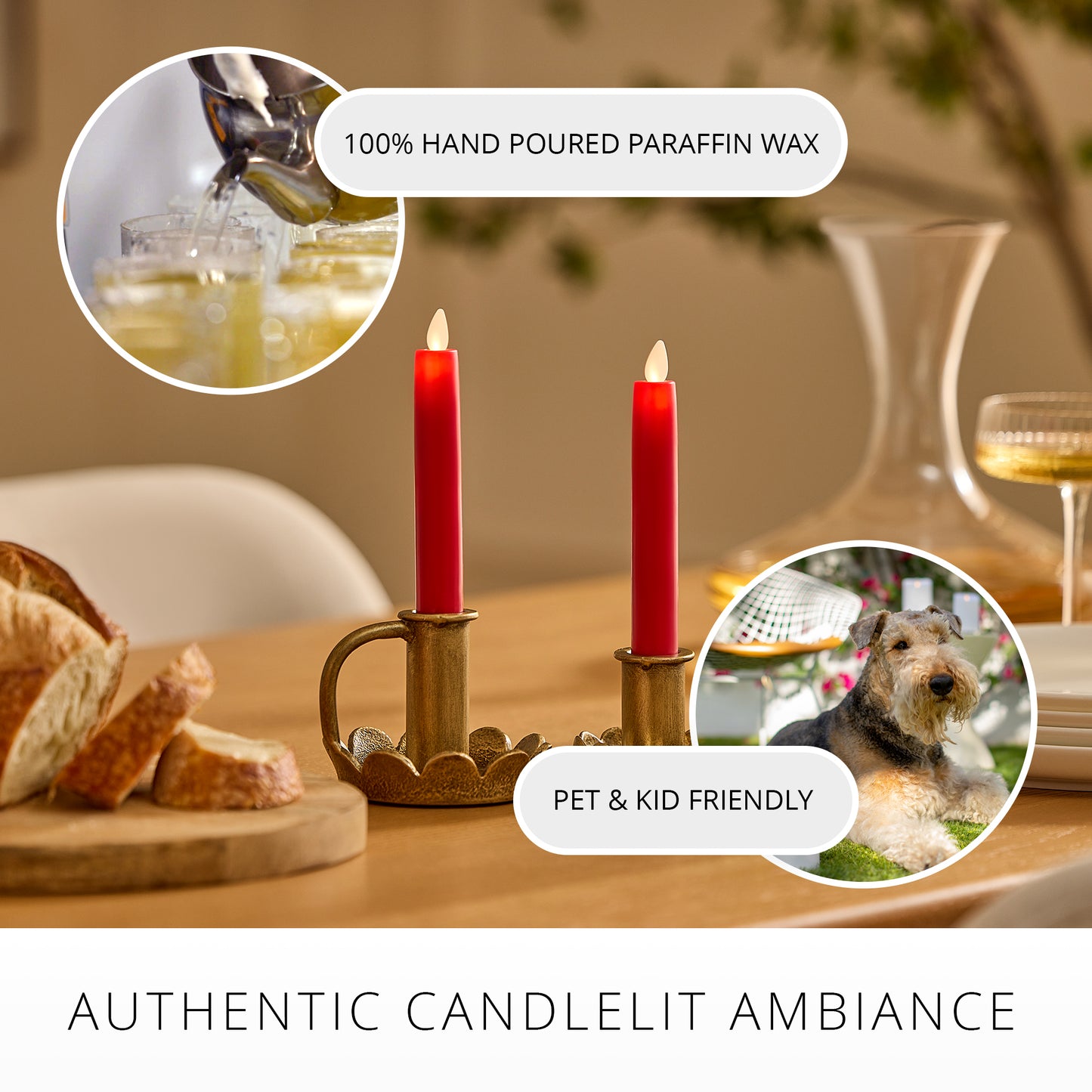 True Red Flameless Candle Tapers - Flat Top - 6.75" Height - Set of 2