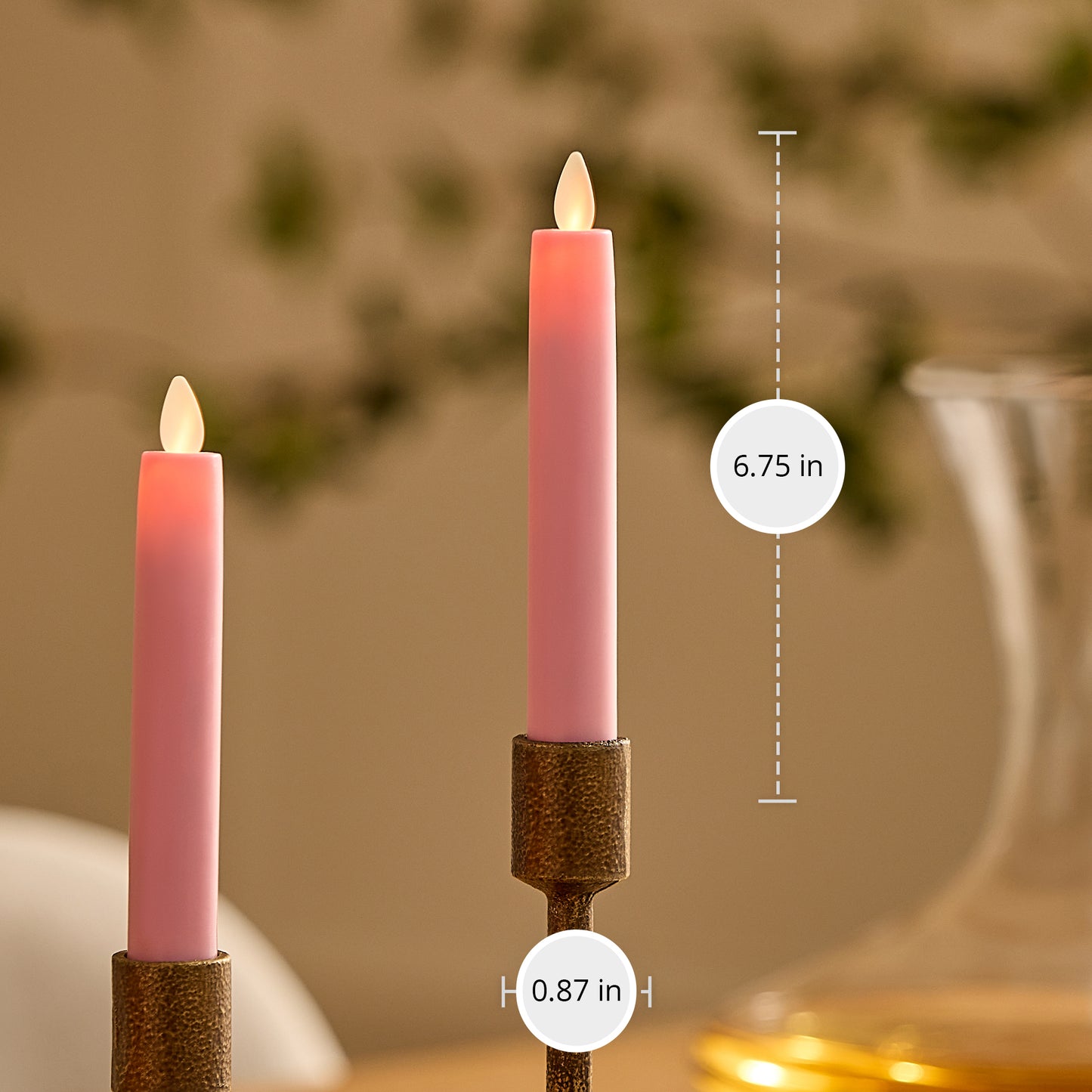 Saga Rose Flameless Candle Tapers - Flat Top - 6.75" Height - Set of 2