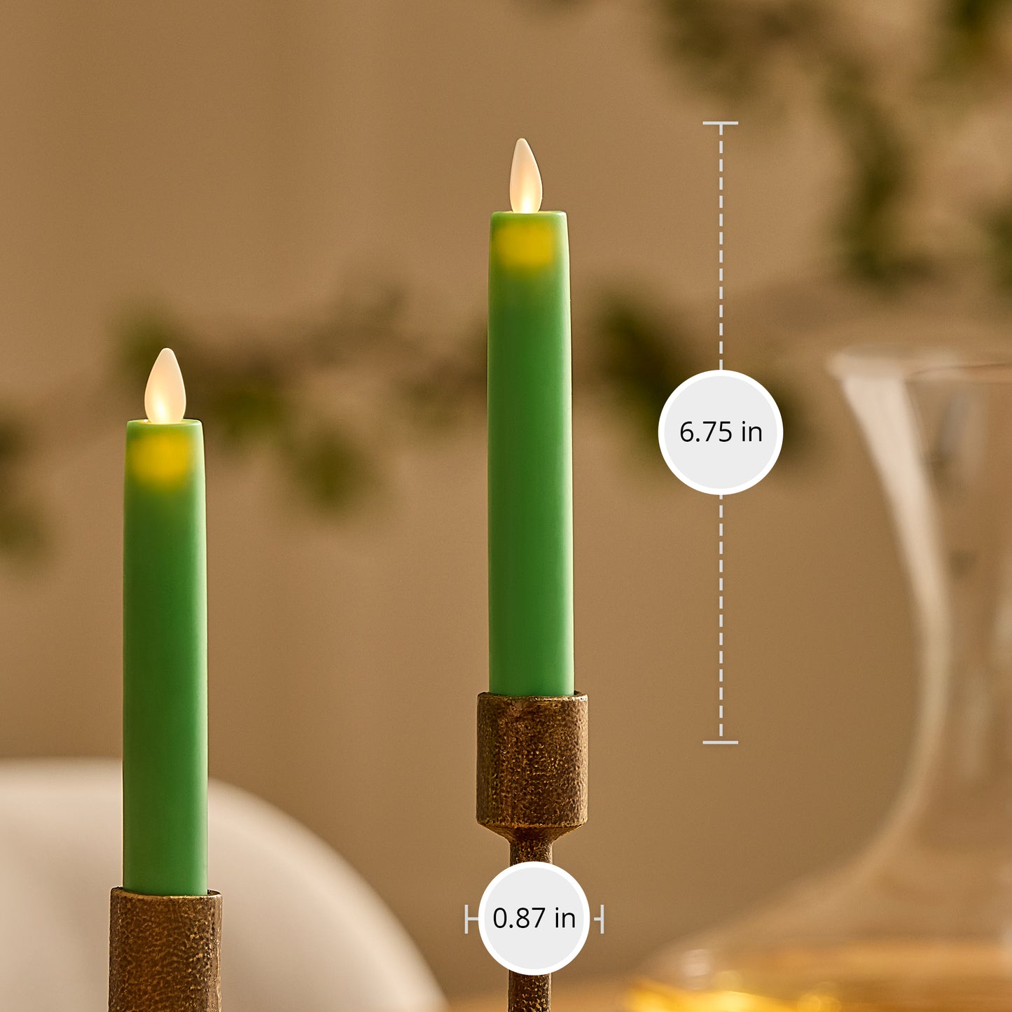 Vibrant Green Flameless Candle Tapers - Flat Top - 6.75" Height - Set of 2