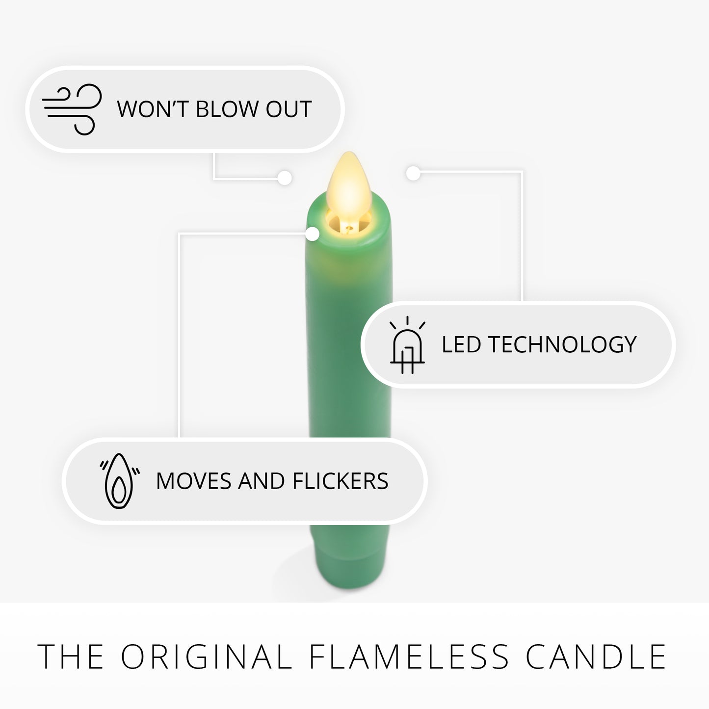 Vibrant Green Flameless Candle Tapers - Flat Top - 6.75" Height - Set of 2