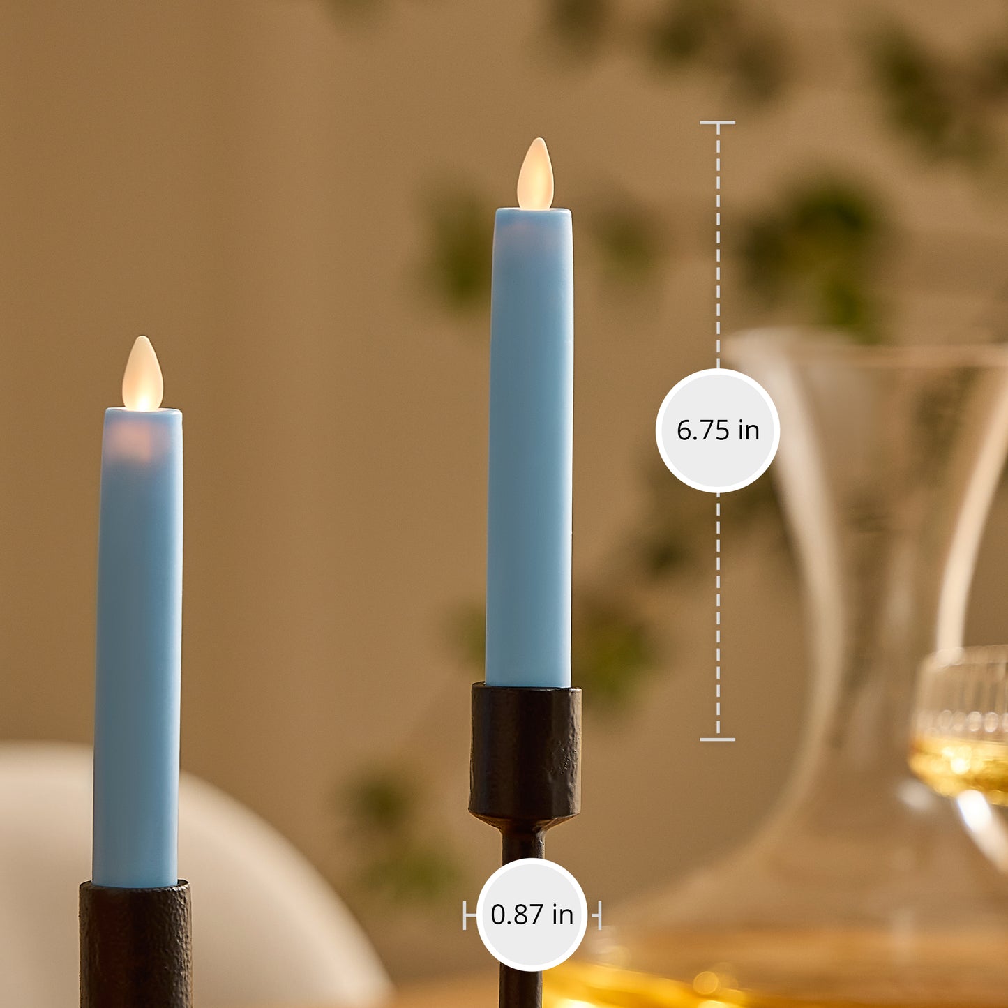 Airy Blue Flameless Candle Tapers - Flat Top - 6.75" Height - Set of 2