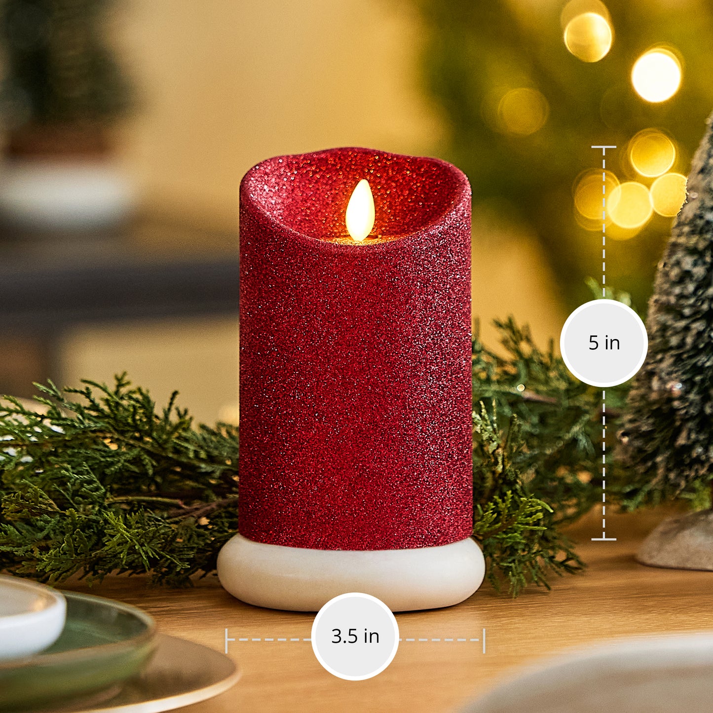Holiday Red Glitter Flameless Candle Pillar