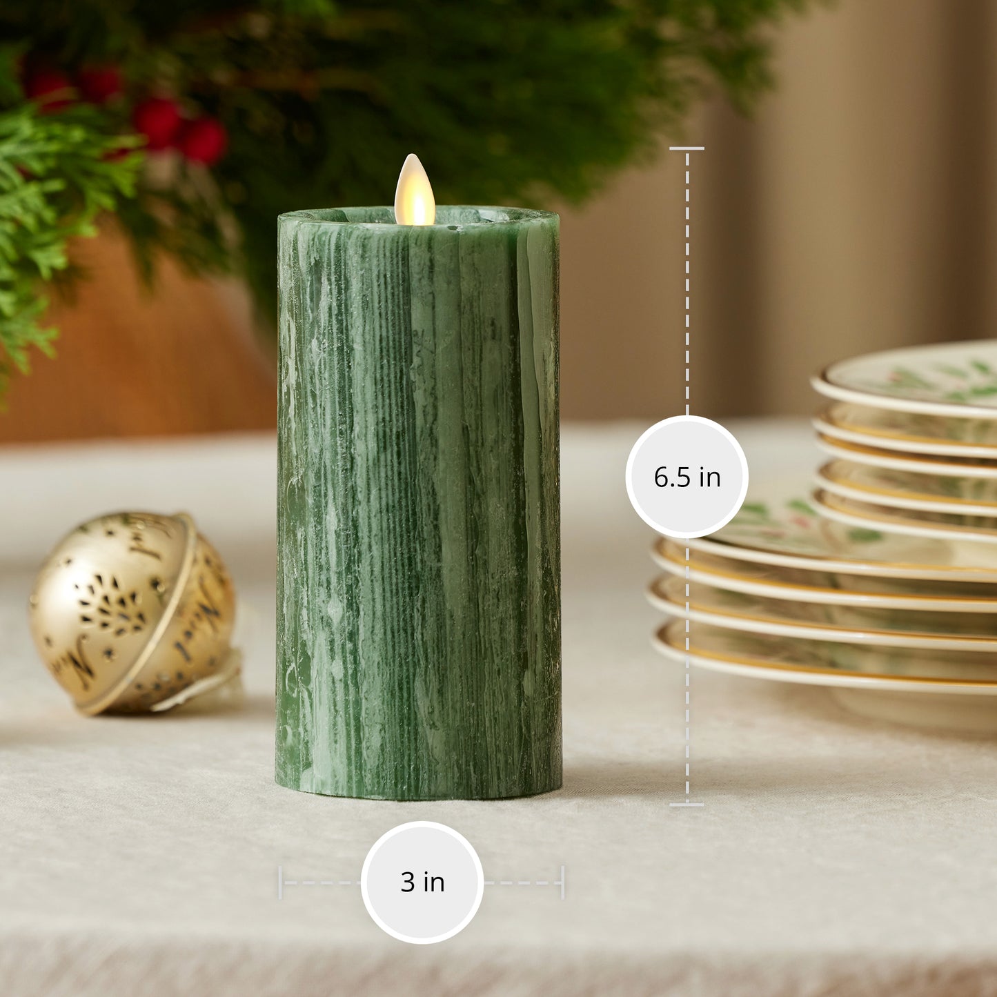 Holiday Green Selenite Flameless Candle Pillar