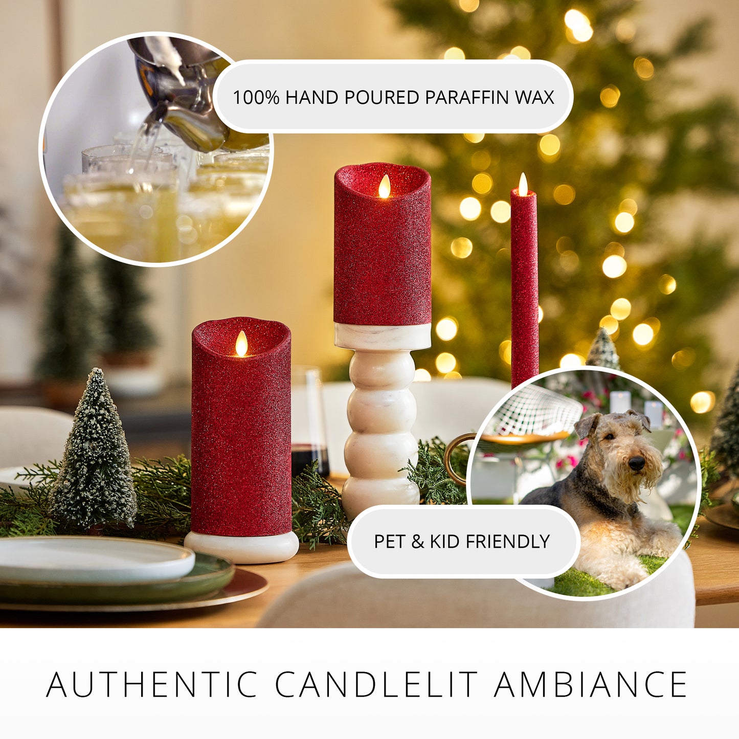 Holiday Red Glitter Flameless Candle Pillar
