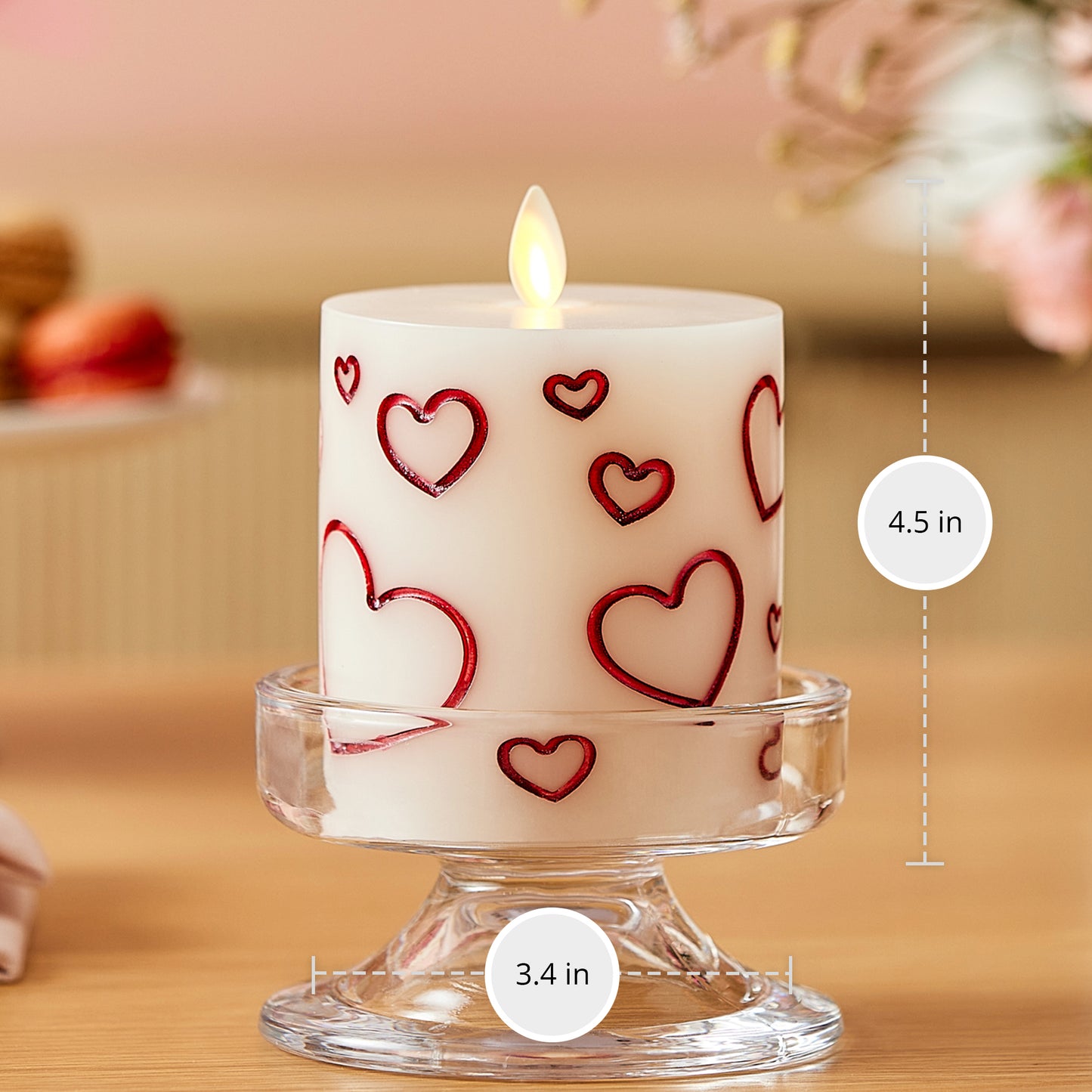 White Porcelain with Metallic Red Hearts Flameless Candle Pillar