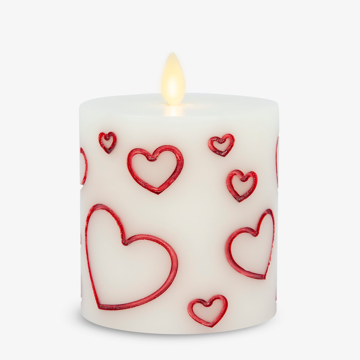 White Porcelain with Metallic Red Hearts Flameless Candle Pillar