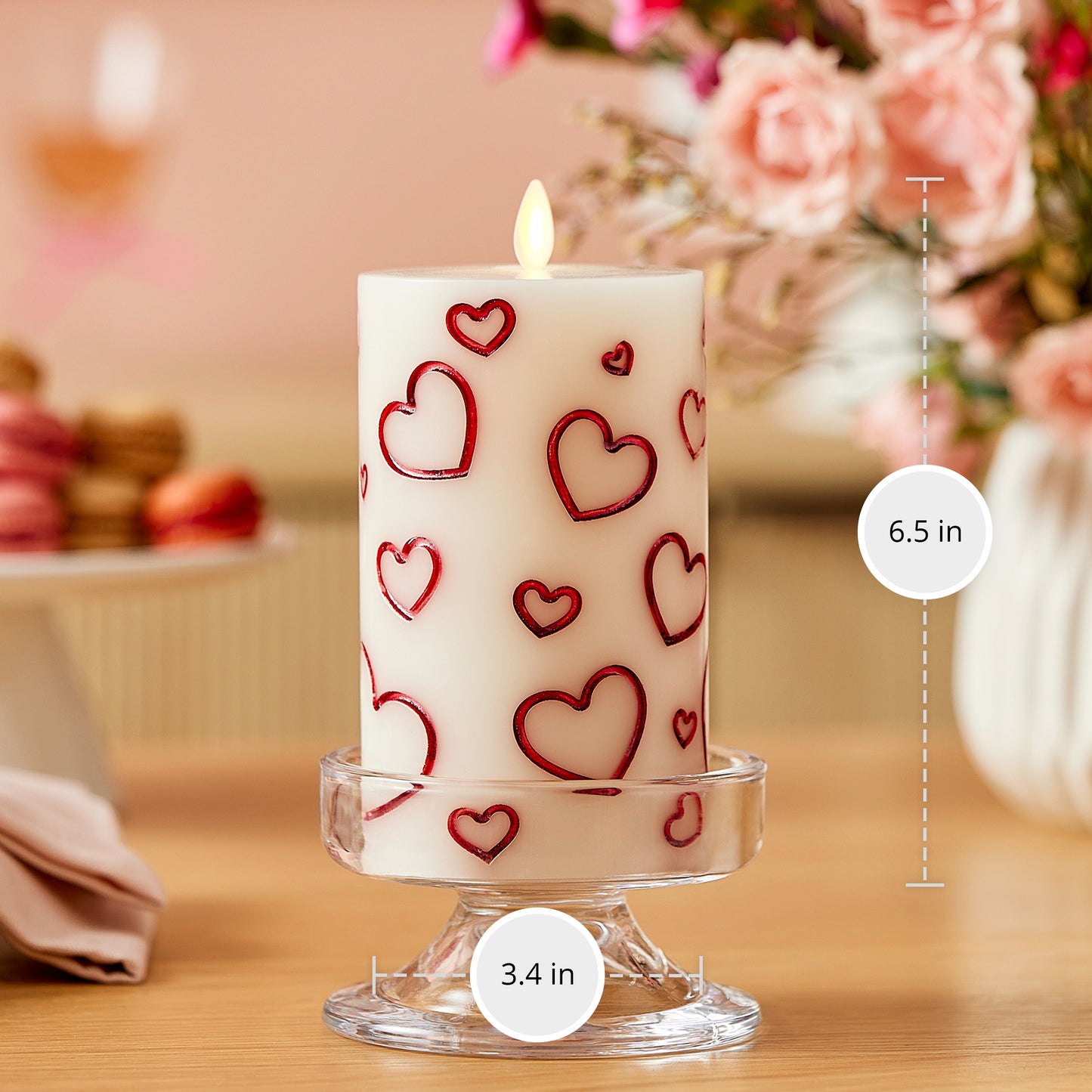 White Porcelain with Metallic Red Hearts Flameless Candle Pillar