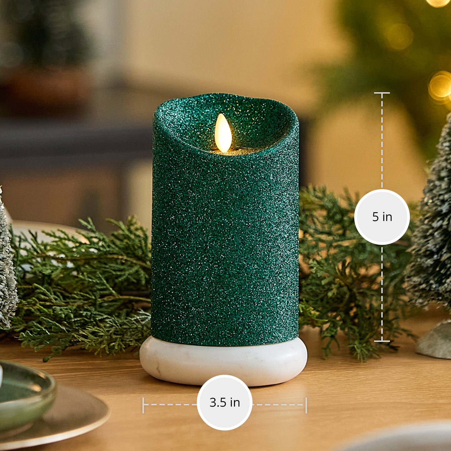 Holiday Green Glitter Flameless Candle Pillar