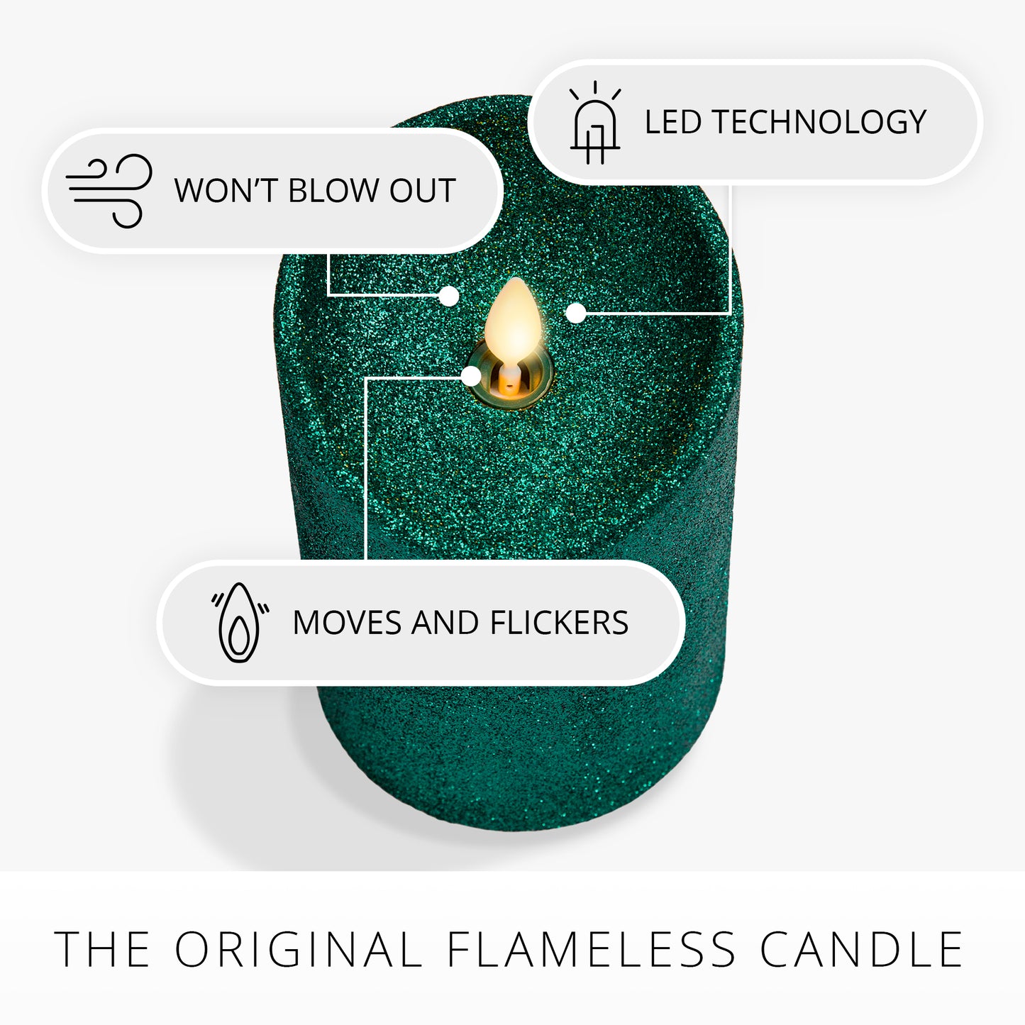 Holiday Green Glitter Flameless Candle Pillar
