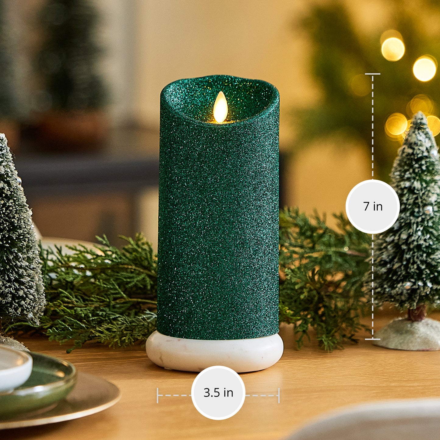 Holiday Green Glitter Flameless Candle Pillar