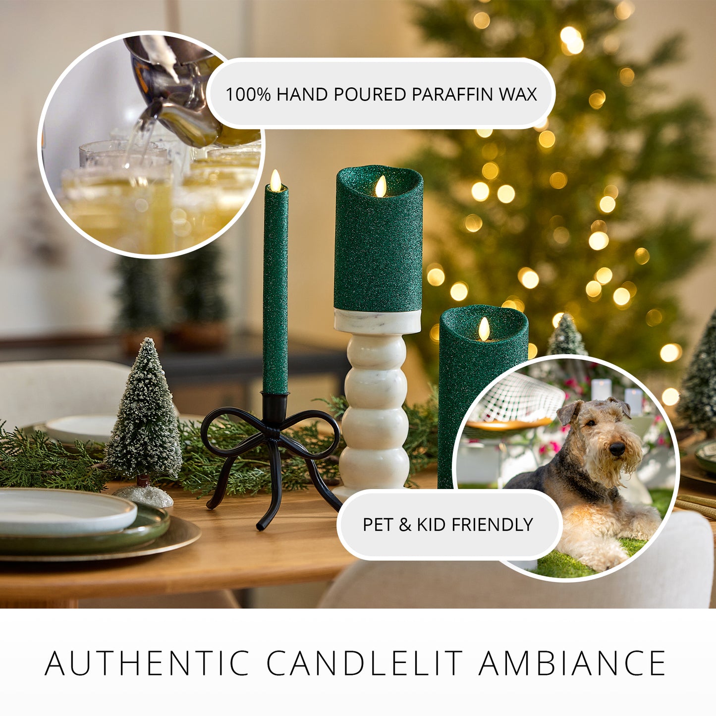 Holiday Green Glitter Flameless Candle Taper