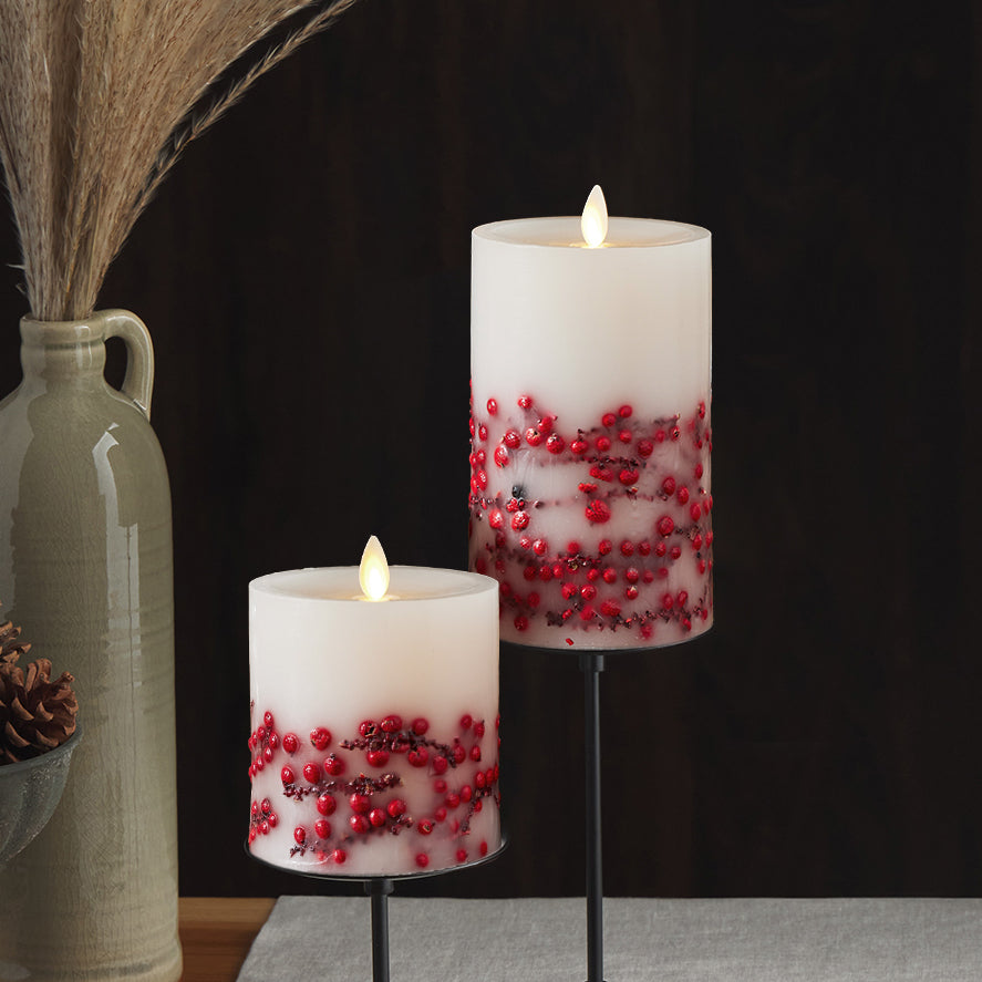Embedded Red Berries Flameless Candle Pillar - Recessed Top - White