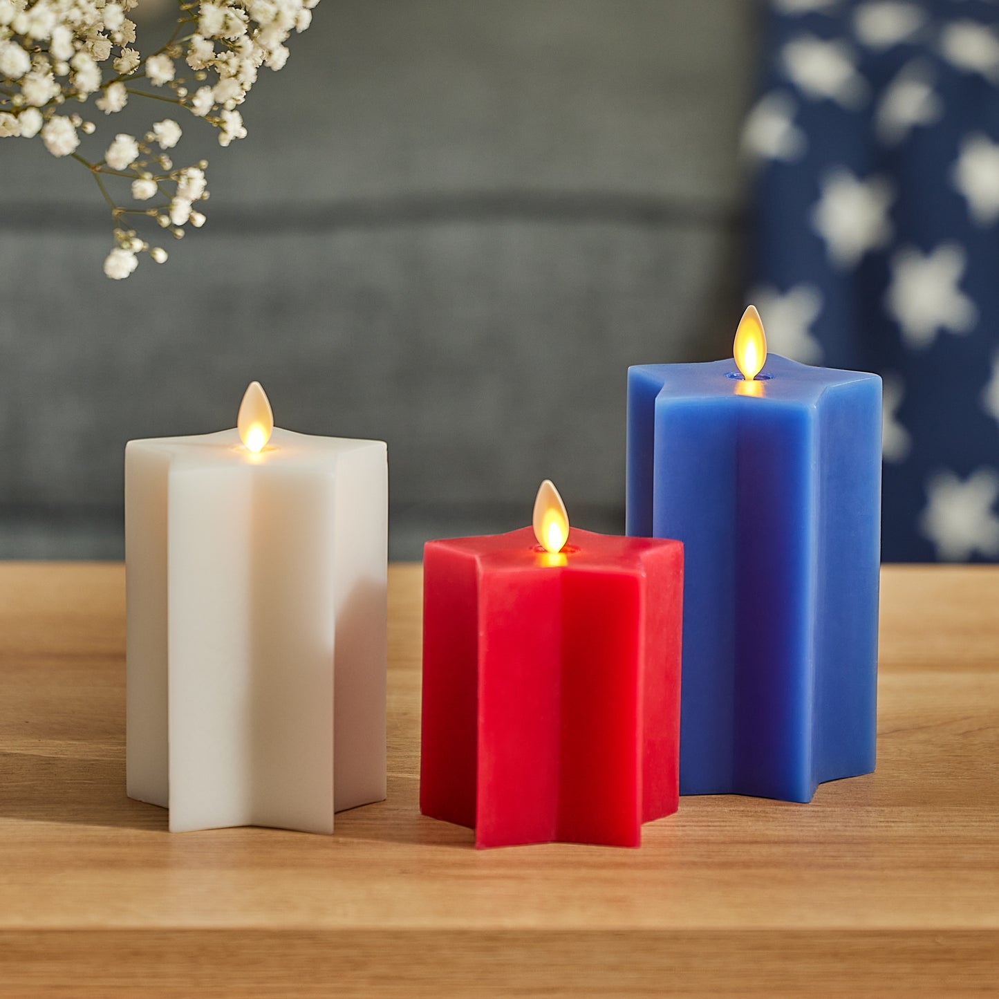 Set of 3 Red, White & Blue Star-shaped Flameless Candle Pillars