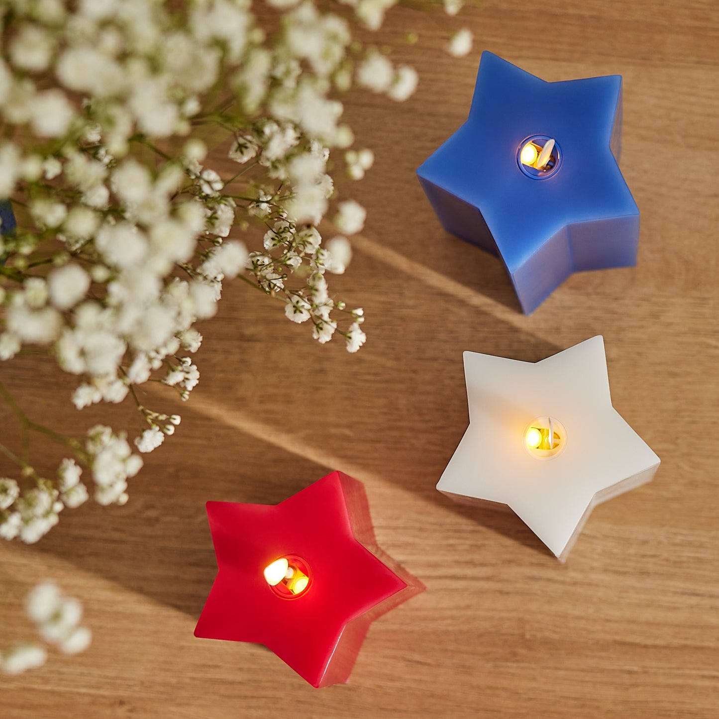 Set of 3 Red, White & Blue Star-shaped Flameless Candle Pillars