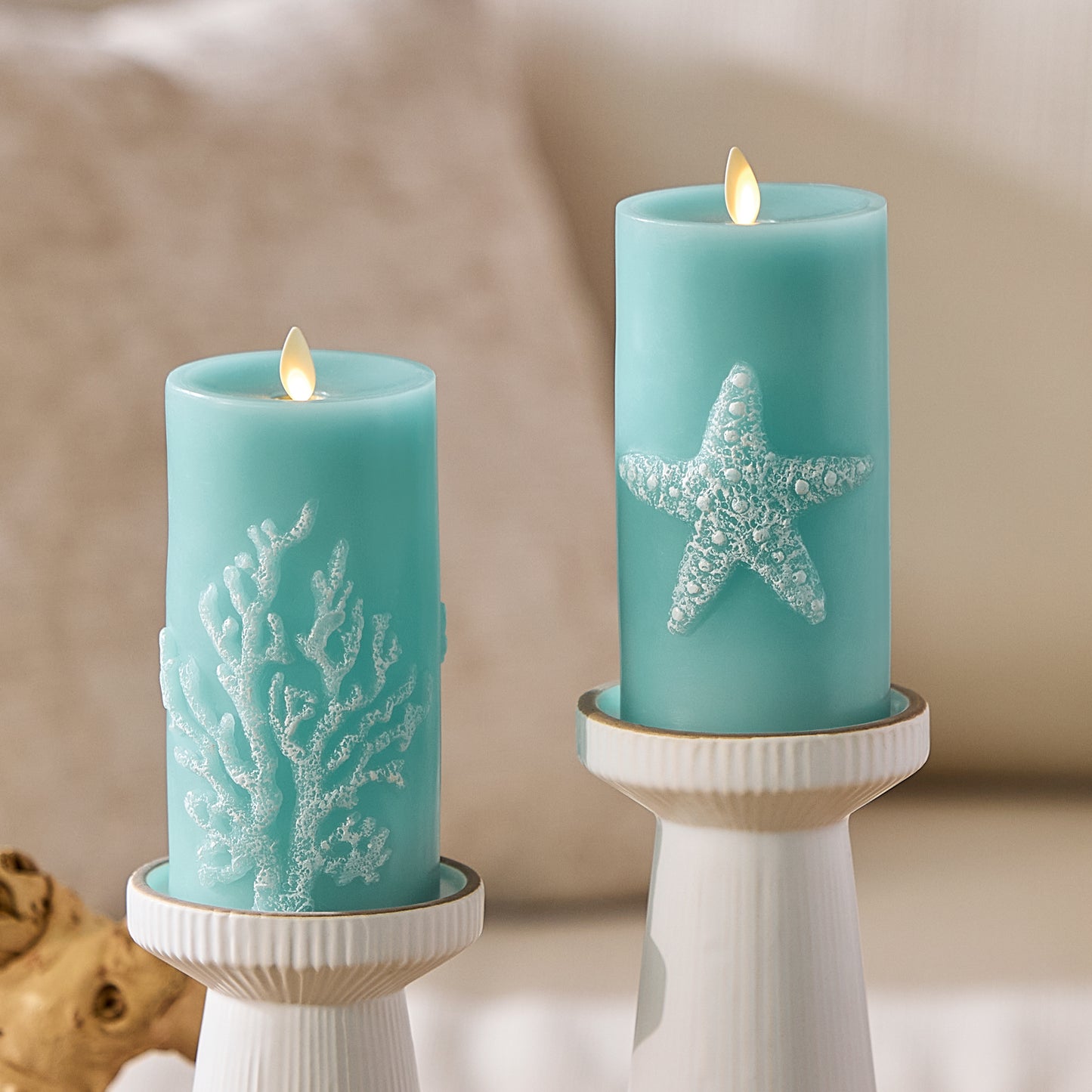 Soft Teal Embossed Starfish Flameless Candle Pillar