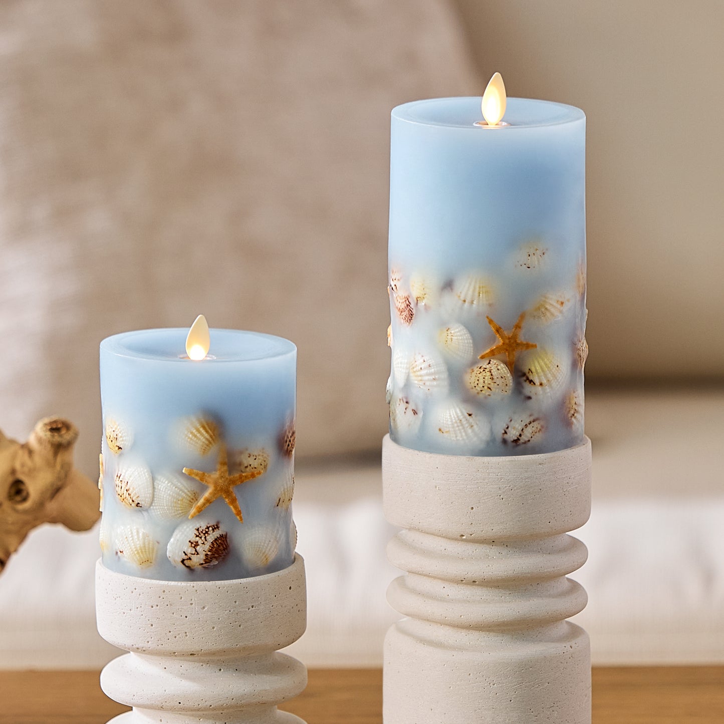 Soft Chambray Embedded Seashell & Starfish Flameless Candle Pillars