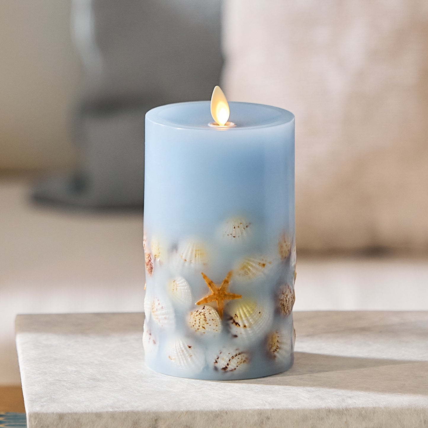 Soft Chambray Embedded Seashell & Starfish Flameless Candle Pillars