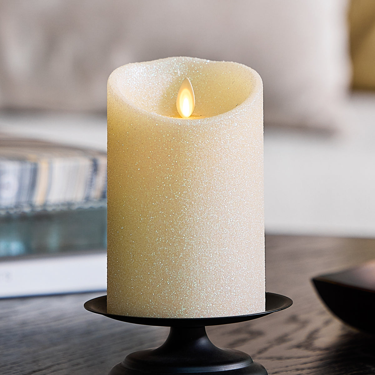 Radiant Ivory Glitter Flameless Candle Pillars 3.5