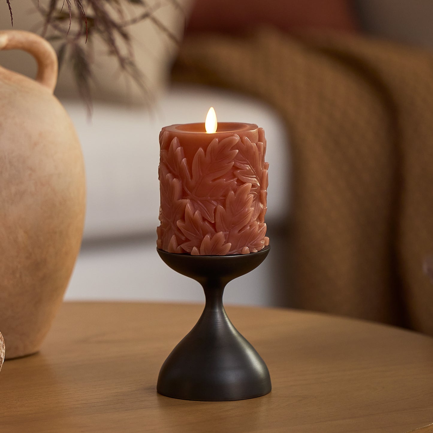Caramel Café Embossed Leaves Flameless Candle Pillars