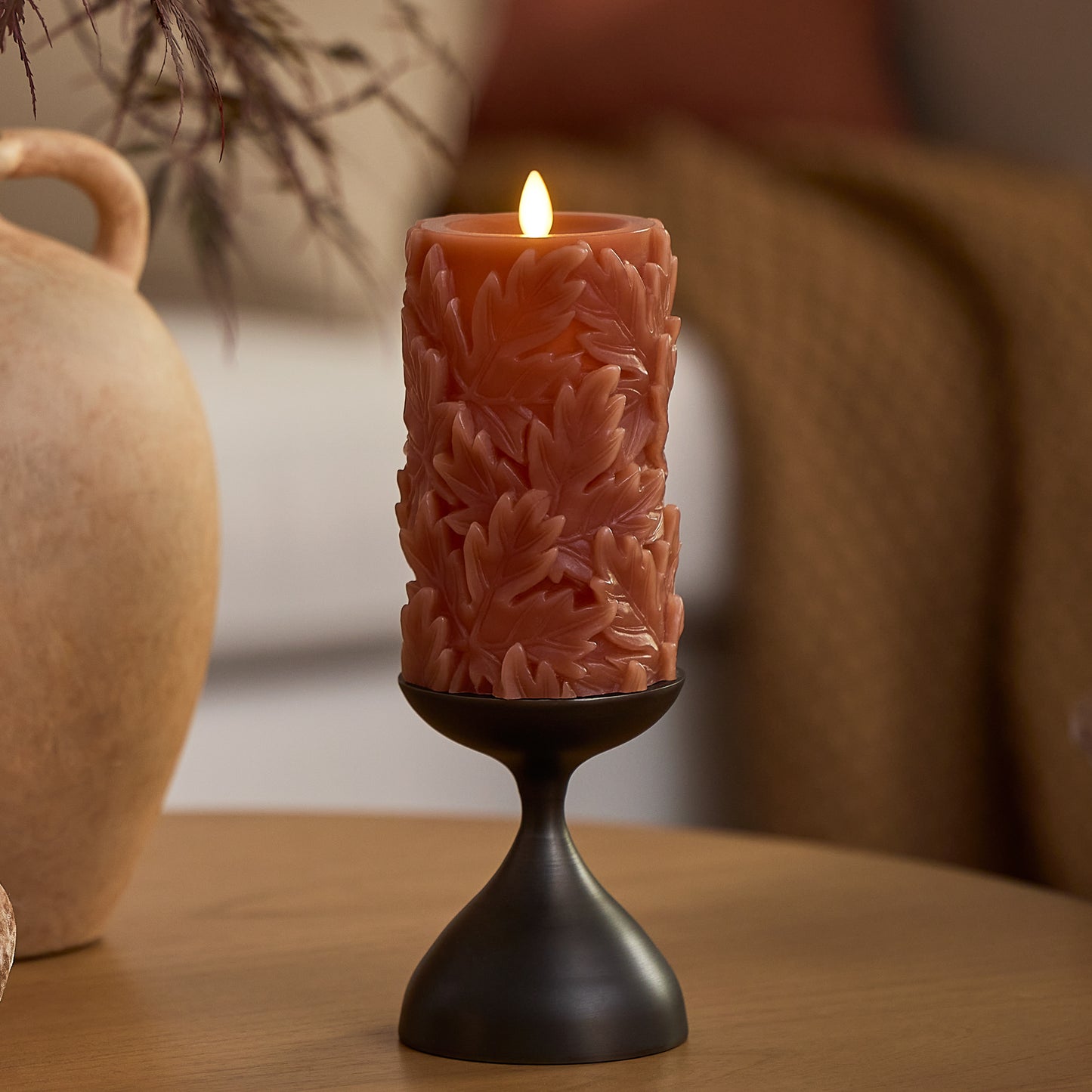 Caramel Café Embossed Leaves Flameless Candle Pillars