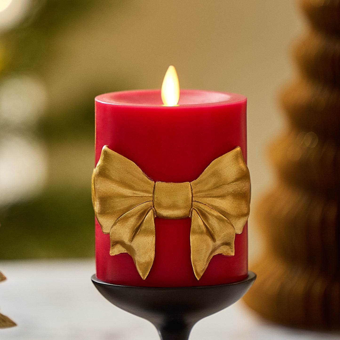 Holiday Red with Gold Bow Flameless Candle Pillar