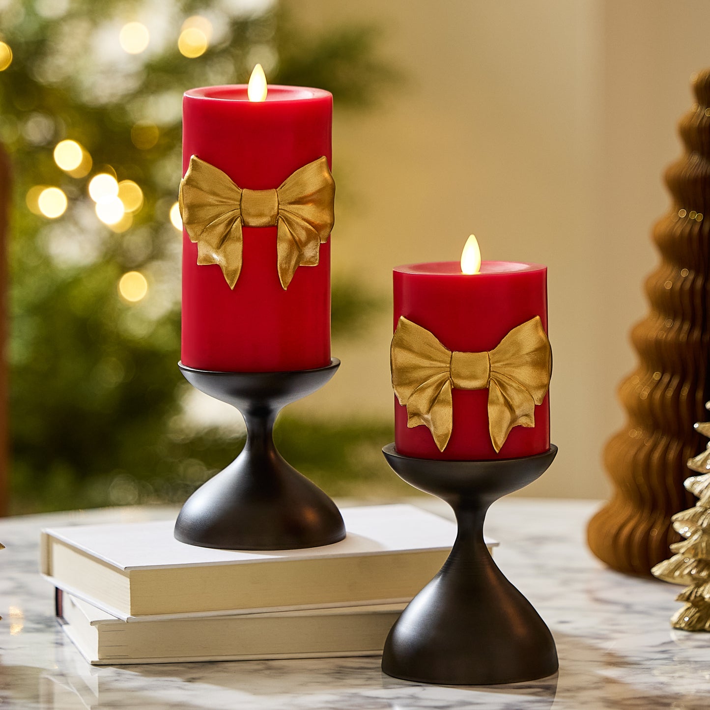Holiday Red with Gold Bow Flameless Candle Pillar
