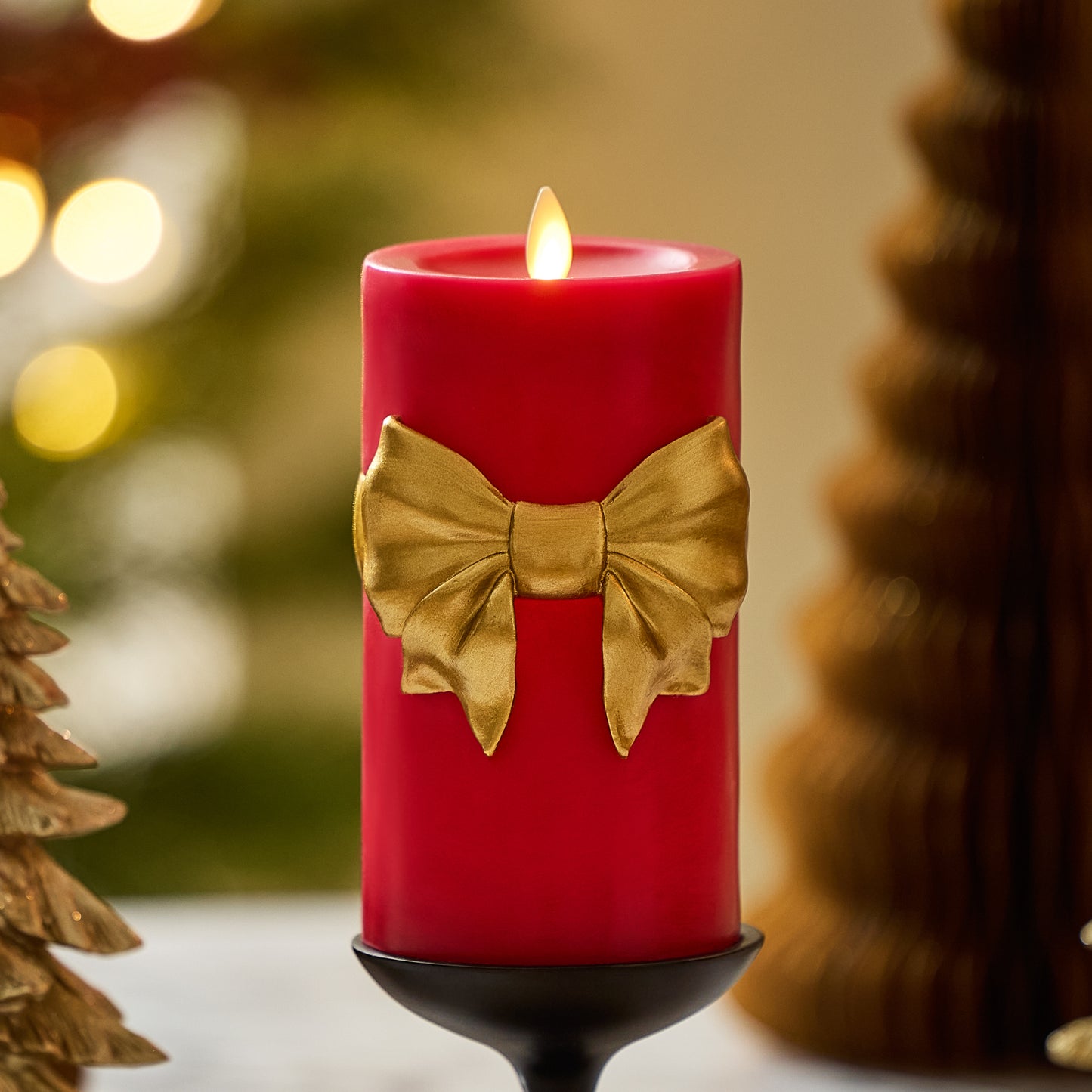 Holiday Red with Gold Bow Flameless Candle Pillar