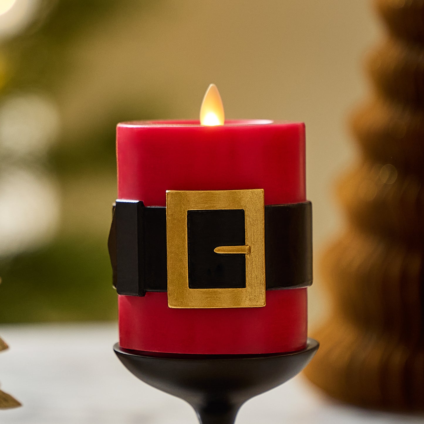 Holiday Red Santa Belt Flameless Candle Pillar