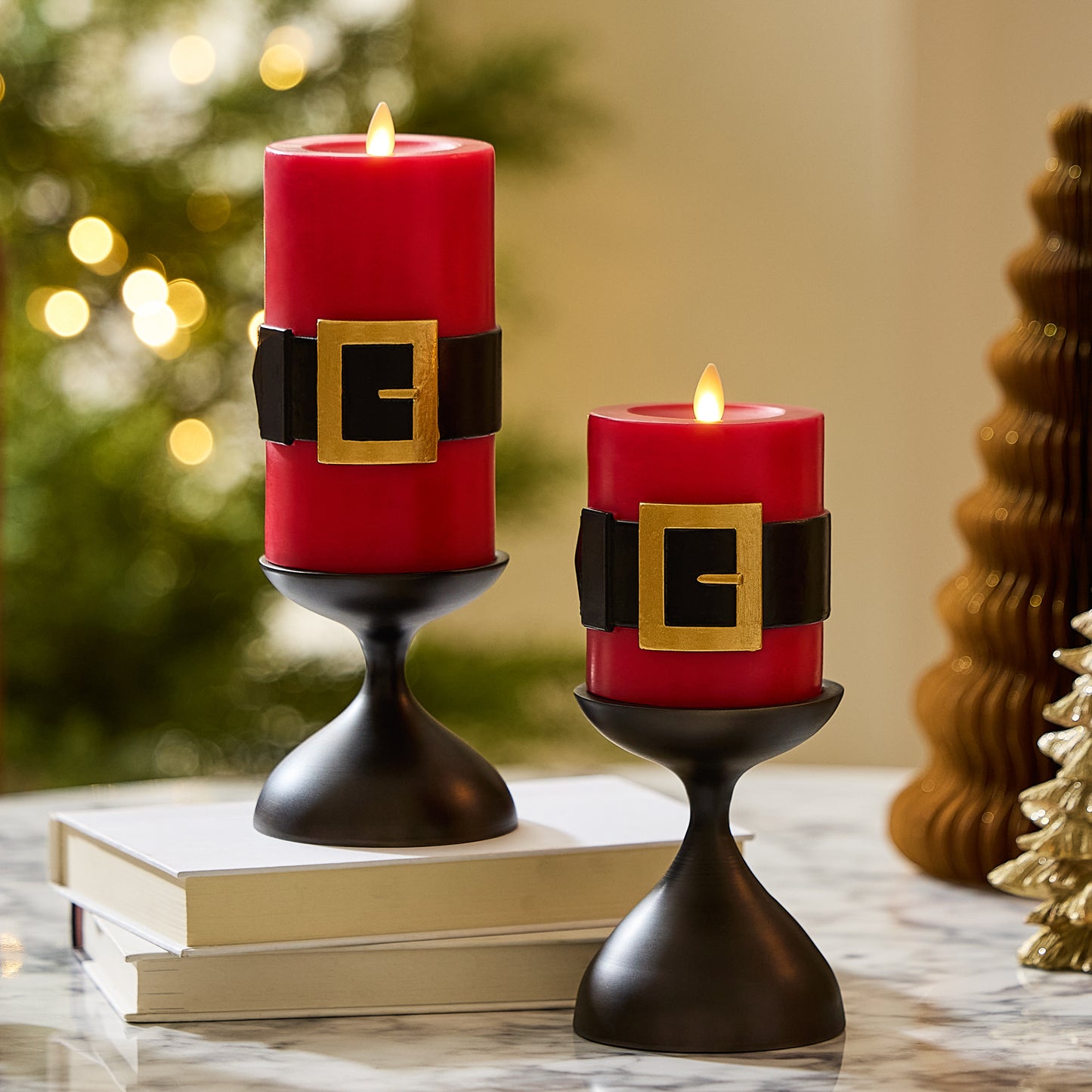 Holiday Red Santa Belt Flameless Candle Pillar
