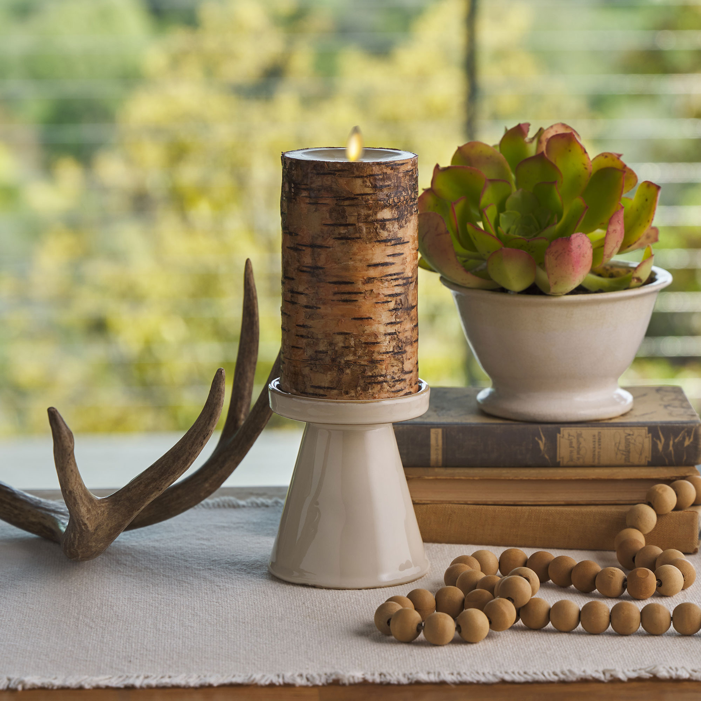 Real Birch Wood Flameless Candle Pillar - Recessed Top - 3.5" Width