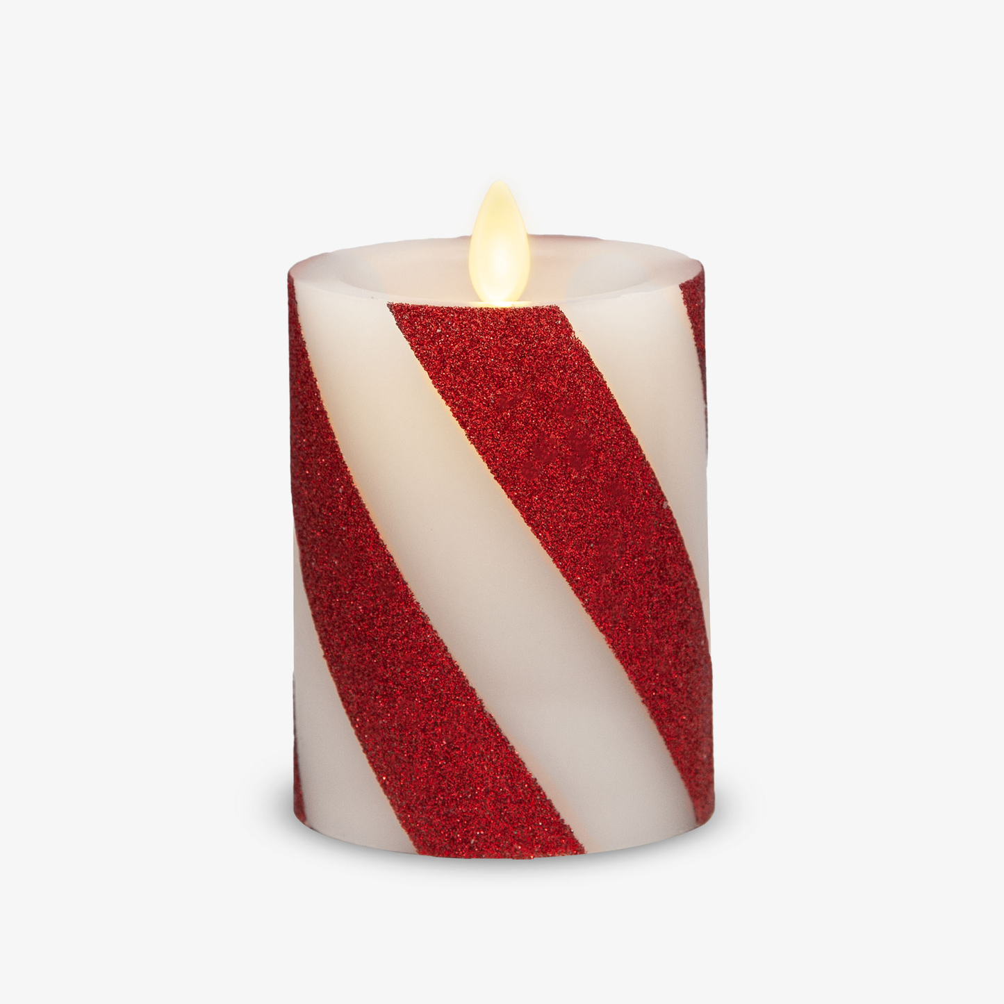 Red Candy Cane Wide Glitter Stripe White Flameless Candle Pillar