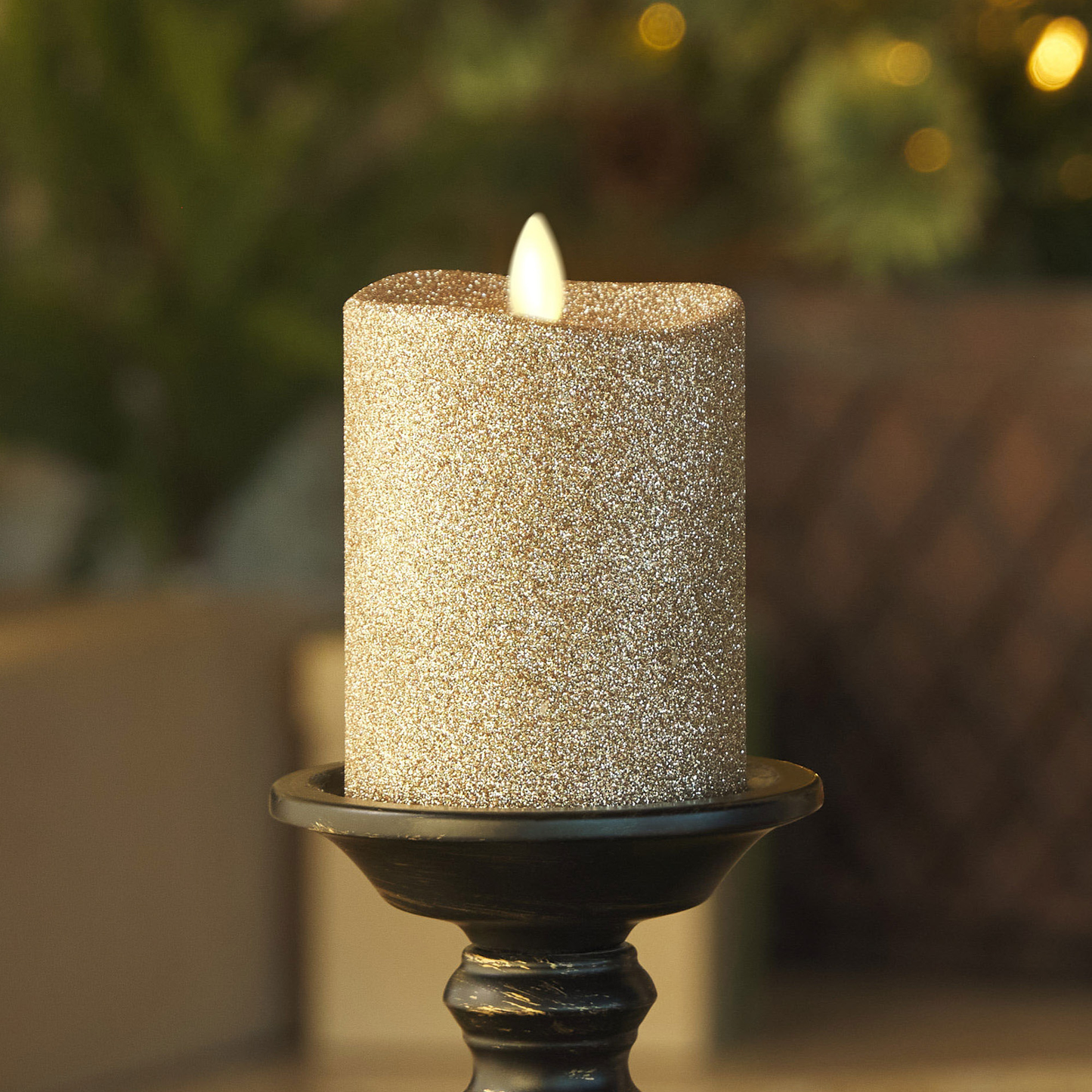 Flameless Gold Glitter Candle Pillar - Melted Top
