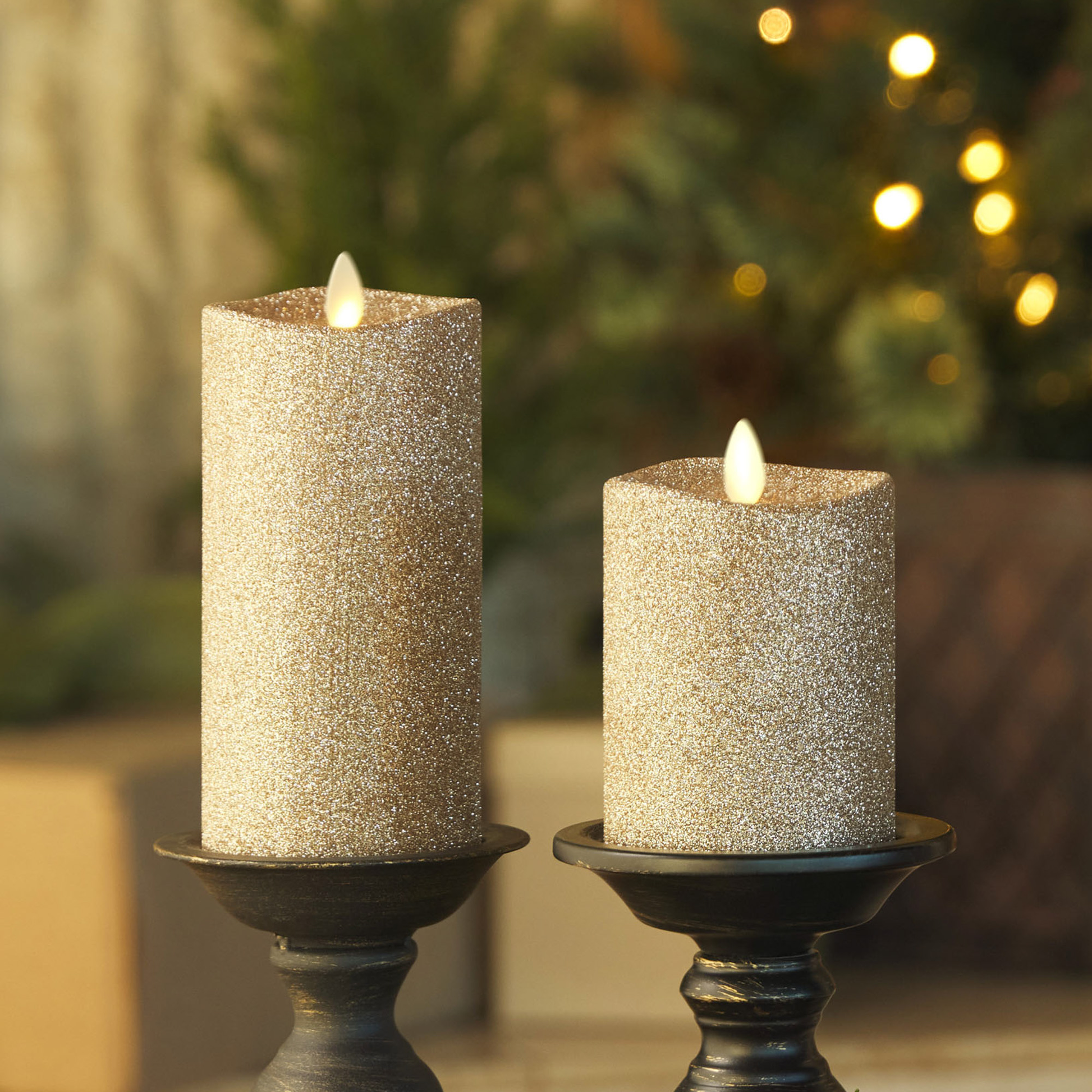 Flameless Gold Glitter Candle Pillar w Flame Effect Luminara