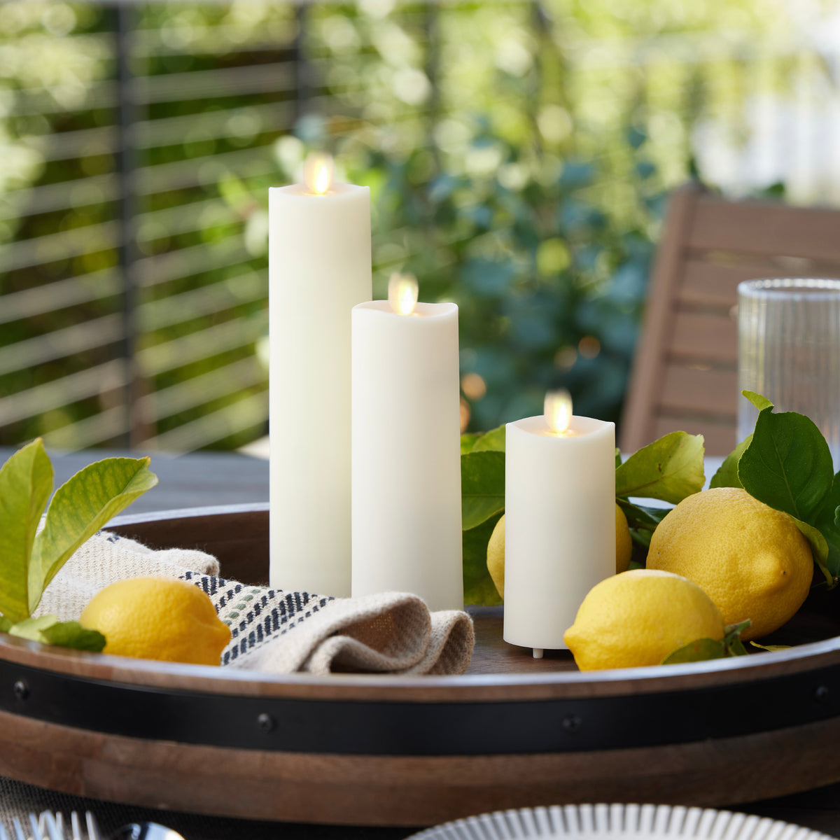 Luminara - Pearl Ivory Outdoor Flameless Candle Slim Pillar - Melted Top Unscented