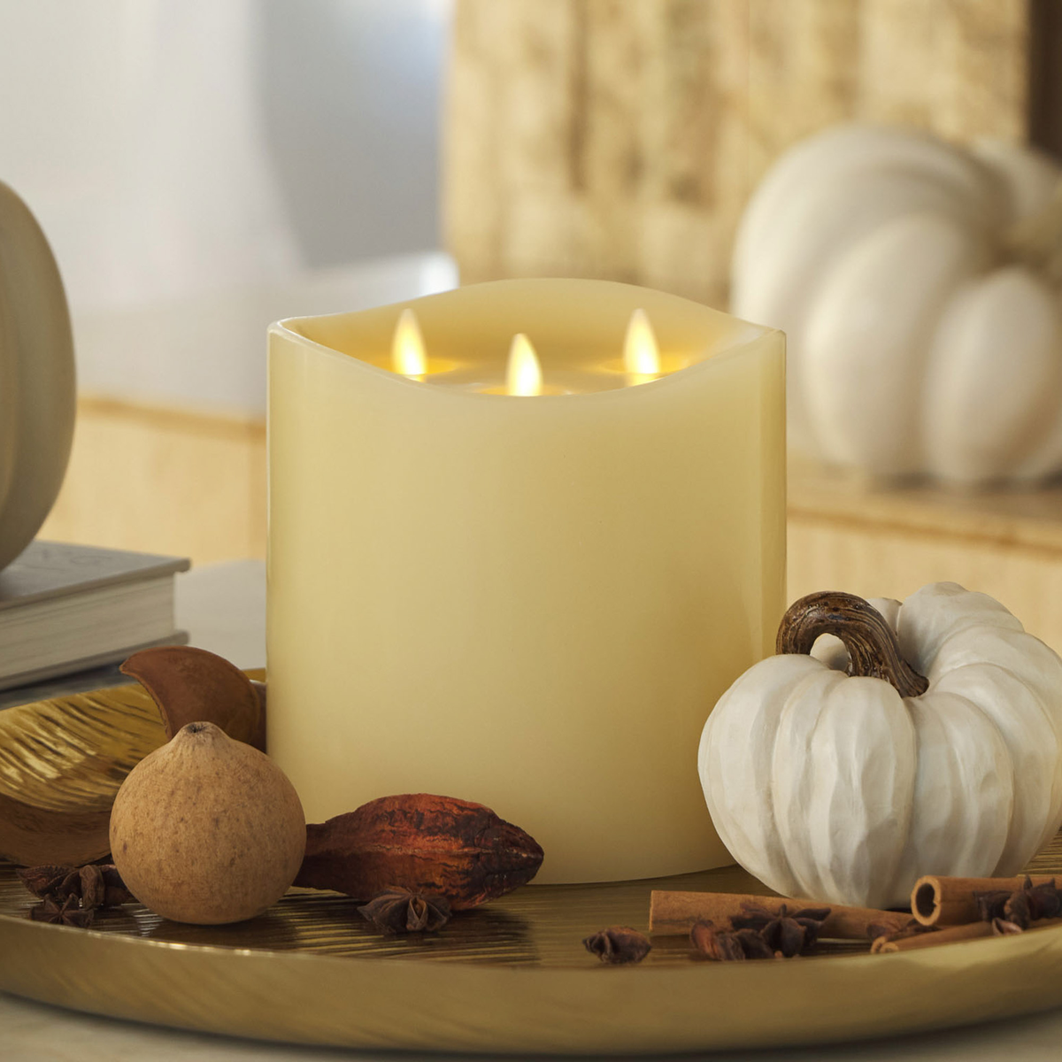 Ivory Flameless Candle Tri-Flame Grand Pillar