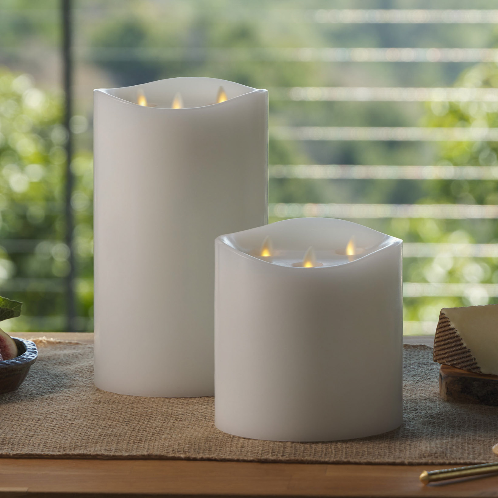 White Flameless Candle Tri-Flame Grand Pillar - Melted Top – Luminara