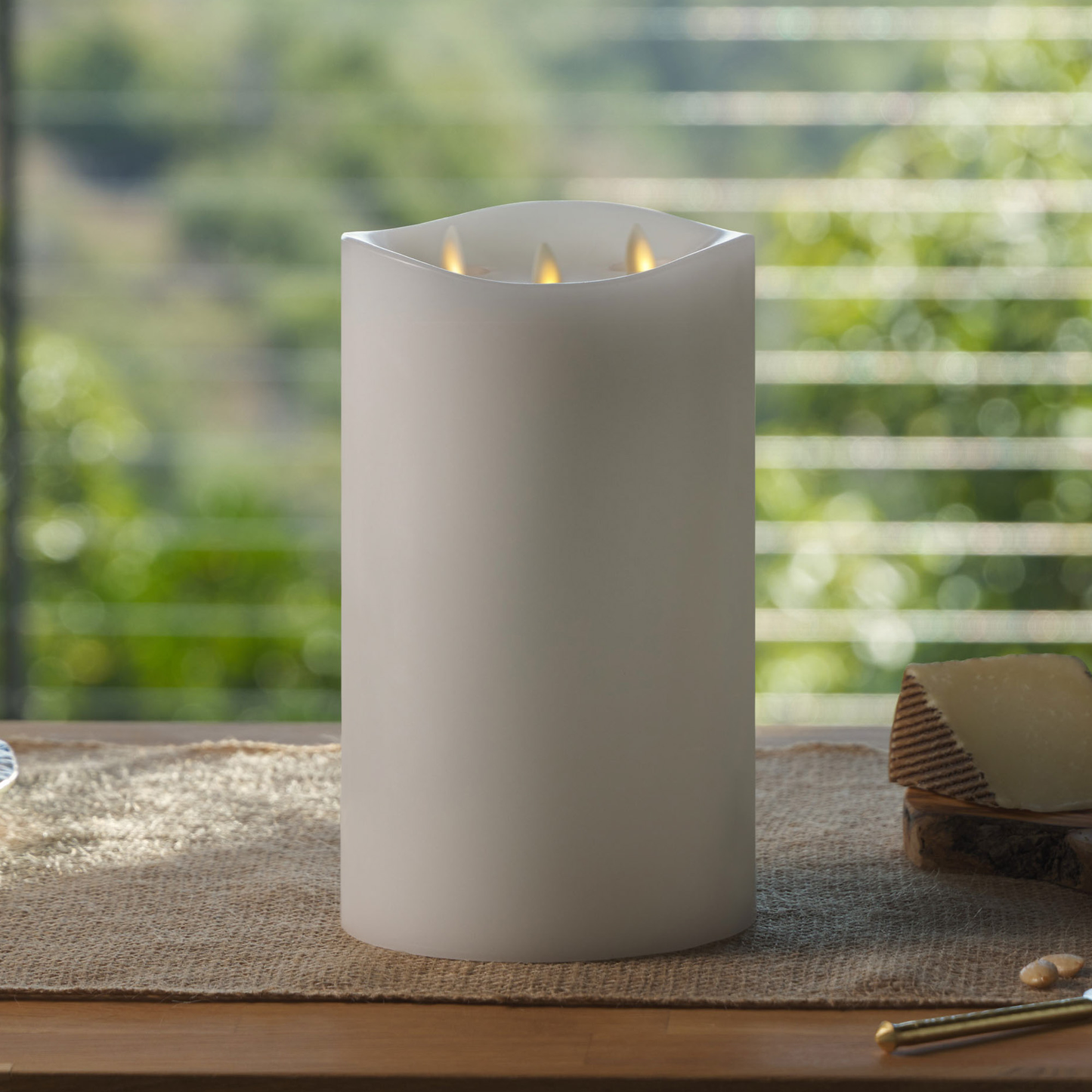 White Flameless Candle Tri-Flame Grand Pillar - Melted Top