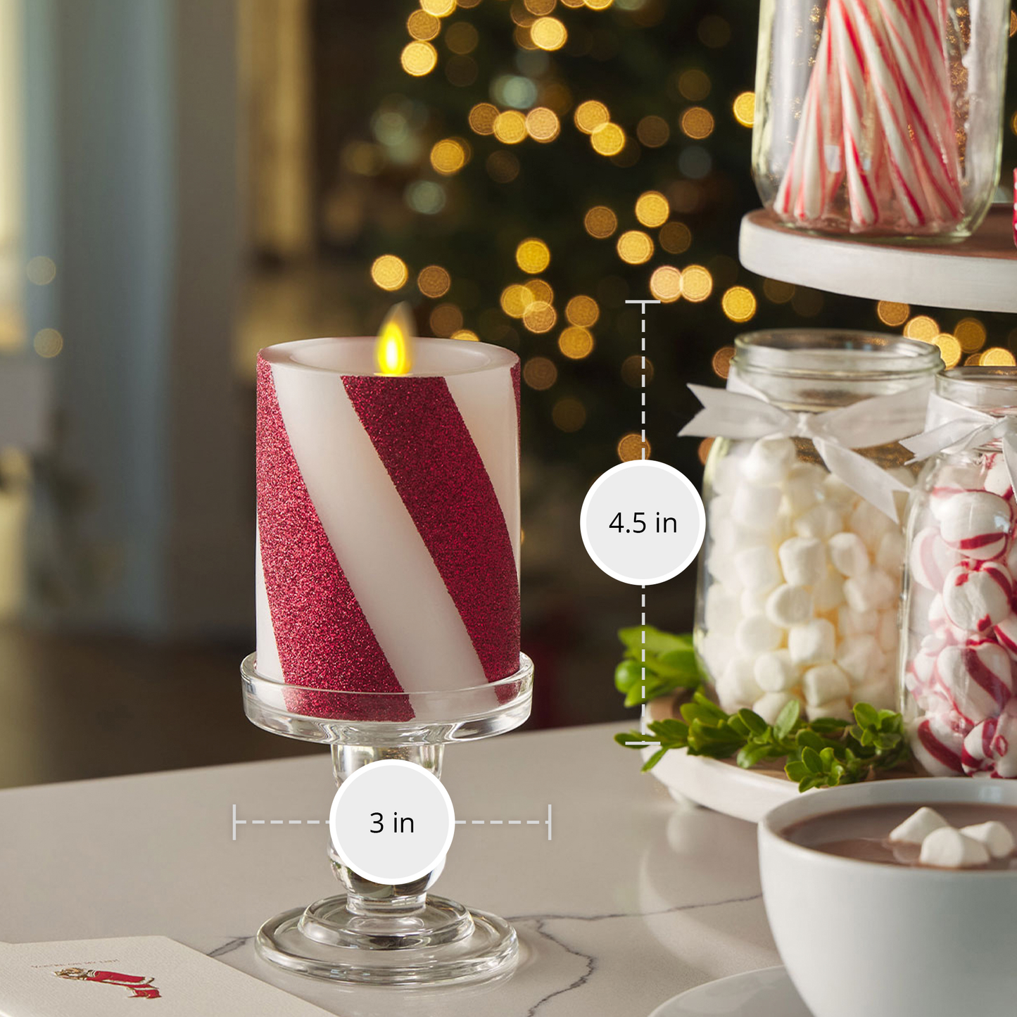 Red Candy Cane Wide Glitter Stripe White Flameless Candle Pillar