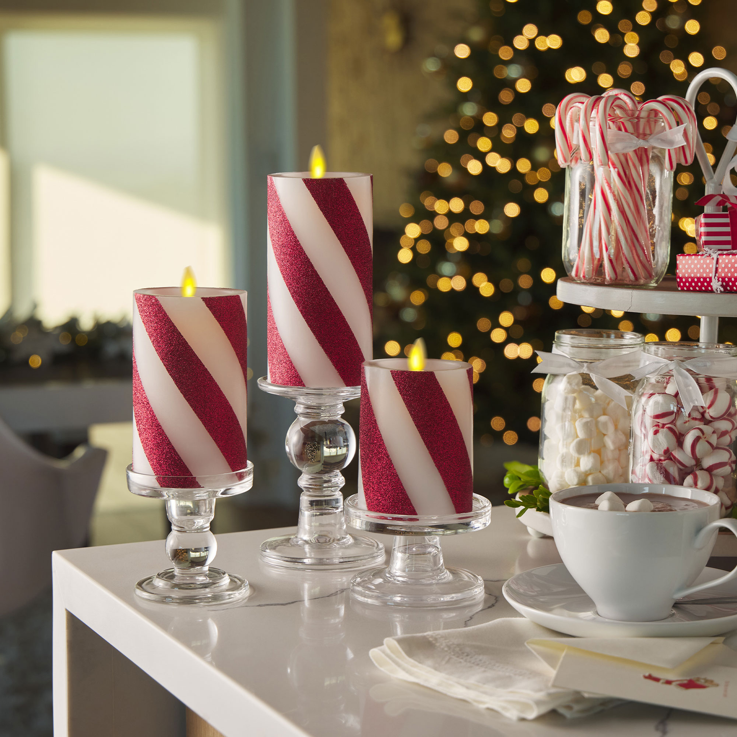 Red Candy Cane Wide Glitter Stripe White Flameless Candle Pillar