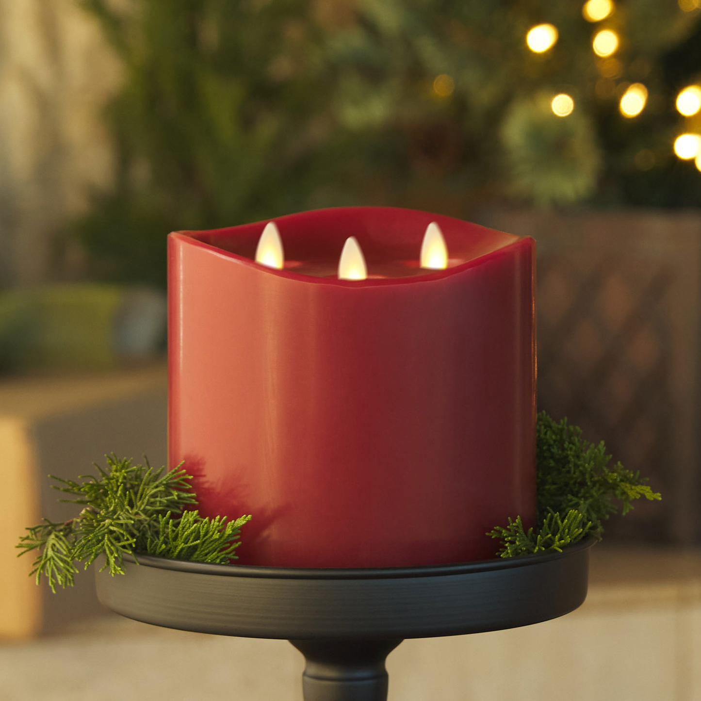 Burgundy Flameless Candle Tri-Flame Grand Pillar - Melted Top