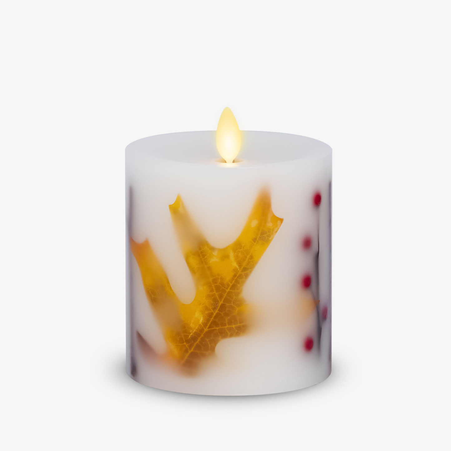 Embedded Fall Leaves & Twigs Flameless Candle Pillar - Recessed Top