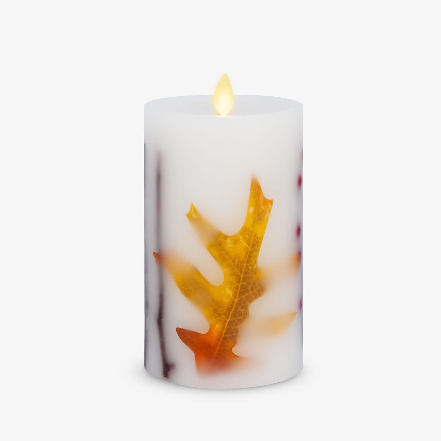 Embedded Fall Leaves & Twigs Flameless Candle Pillar - Recessed Top