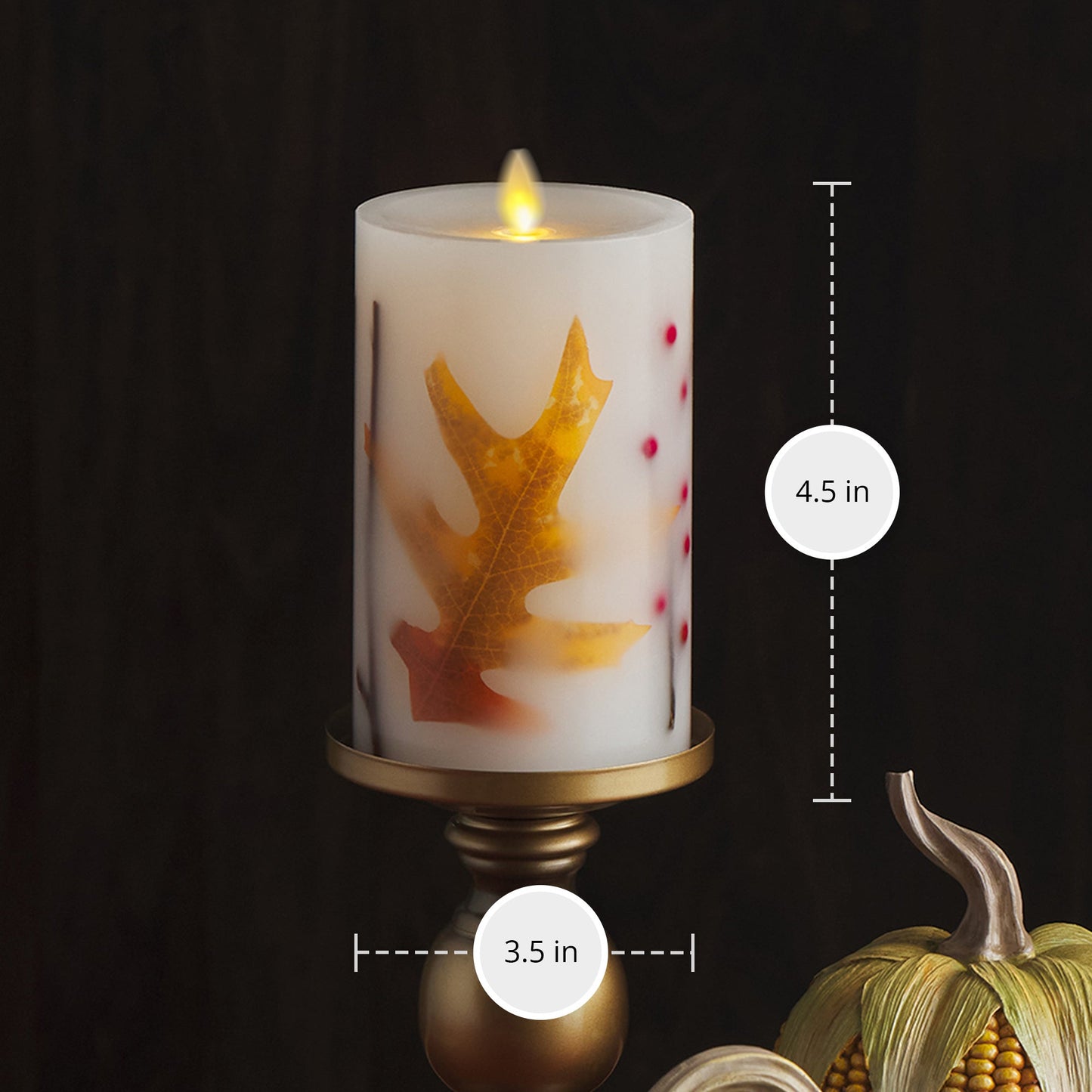 Embedded Fall Leaves & Twigs Flameless Candle Pillar - Recessed Top