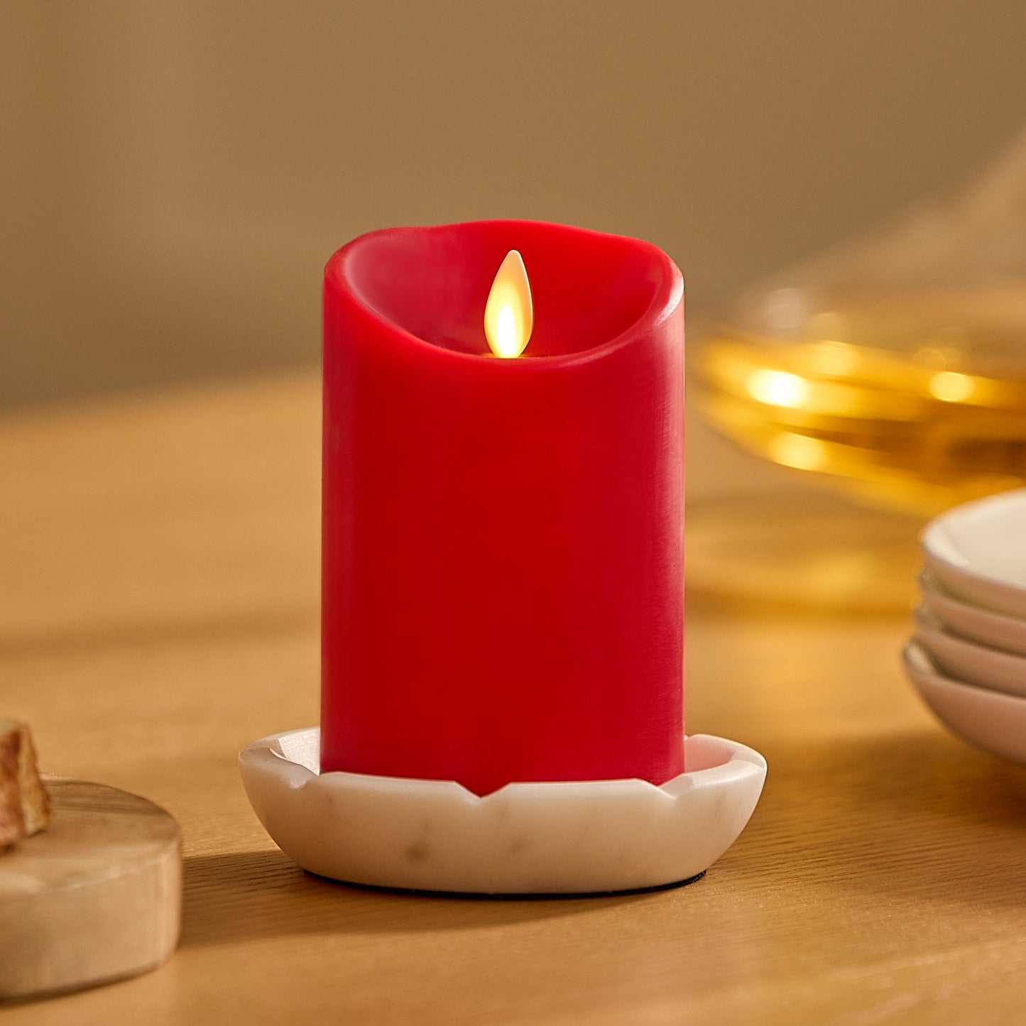 True Red Flameless Candle Pillar - Scallop Top - 3" Width