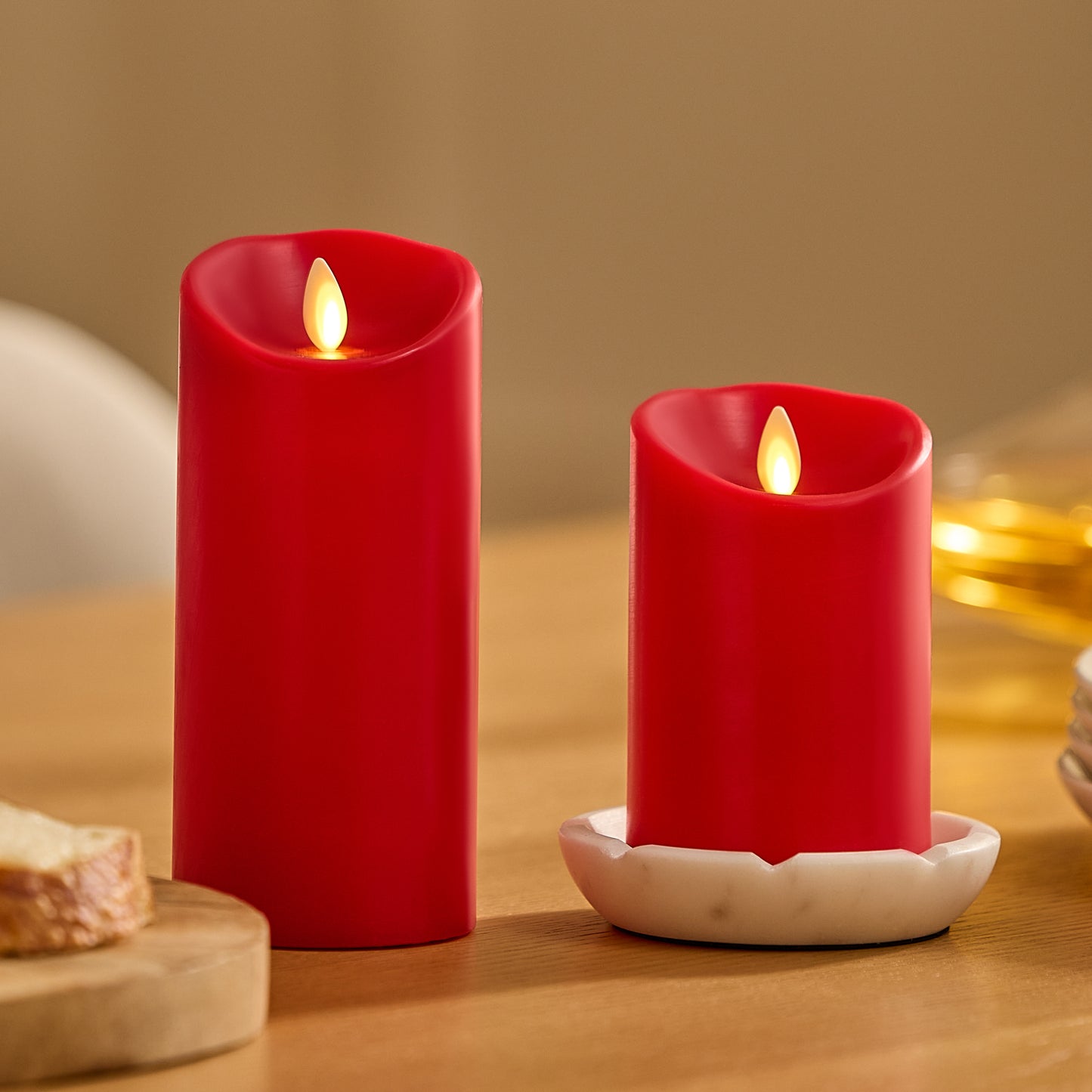 True Red Flameless Candle Pillar - Scallop Top - 3" Width