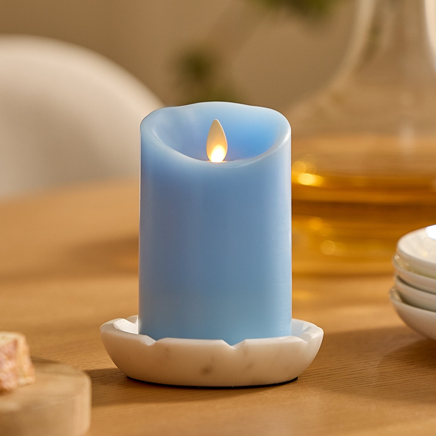 Airy Blue Flameless Candle Pillar - Scallop Top - 3" Width