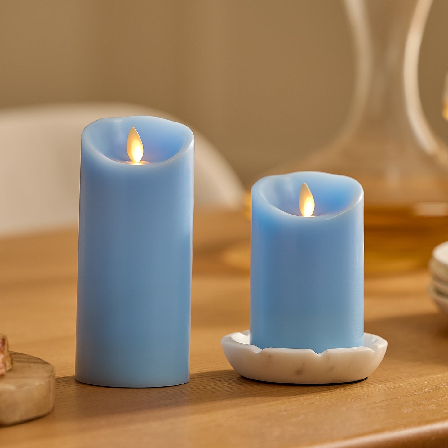 Airy Blue Flameless Candle Pillar - Scallop Top - 3" Width
